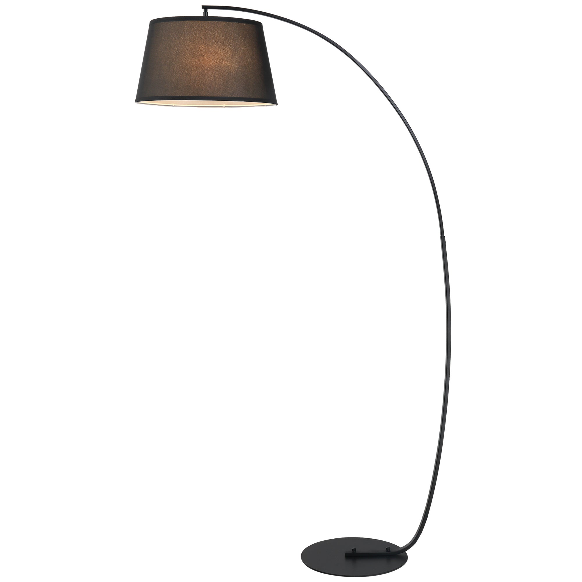 Lampa podłogowa, wygięta lampa podłogowa z abażurem z tkaniny, lampa podłogowa z okrągłą podstawą, metal, 105 dł. x 47 szer. x 190 wys. cm, czarna