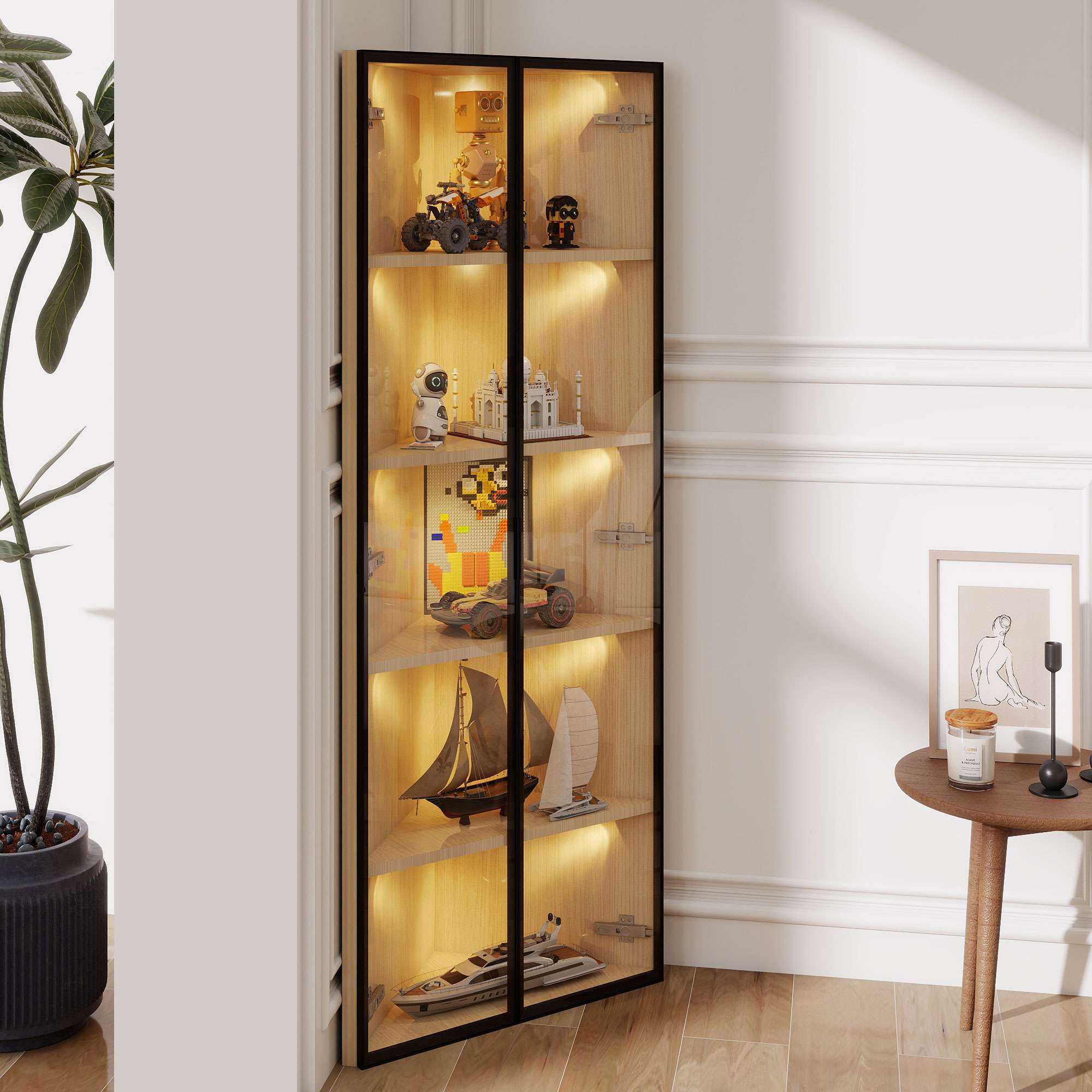 Witryna LED szklana 62x35x160 cm z wbudowanym oświetleniem, szkło hartowane, eleganckie półki do salonu, biura lub kolekcji