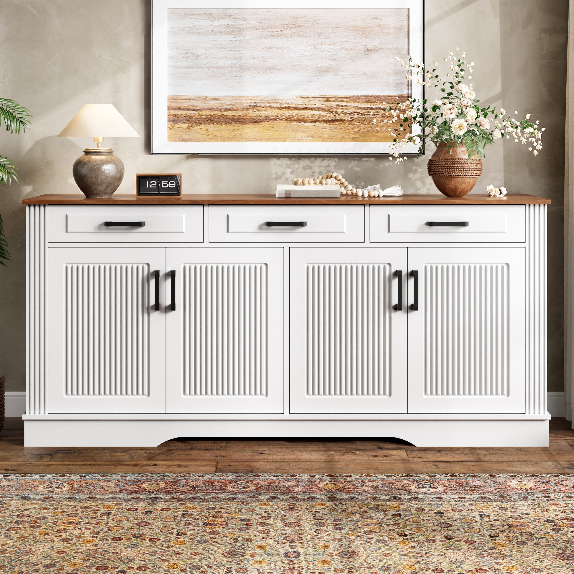 Komoda 4-drzwiowa z 3 szufladami, przód w pionowe paski 3D, płyta MDF, 160 × 40 × 75 cm, kolor biały