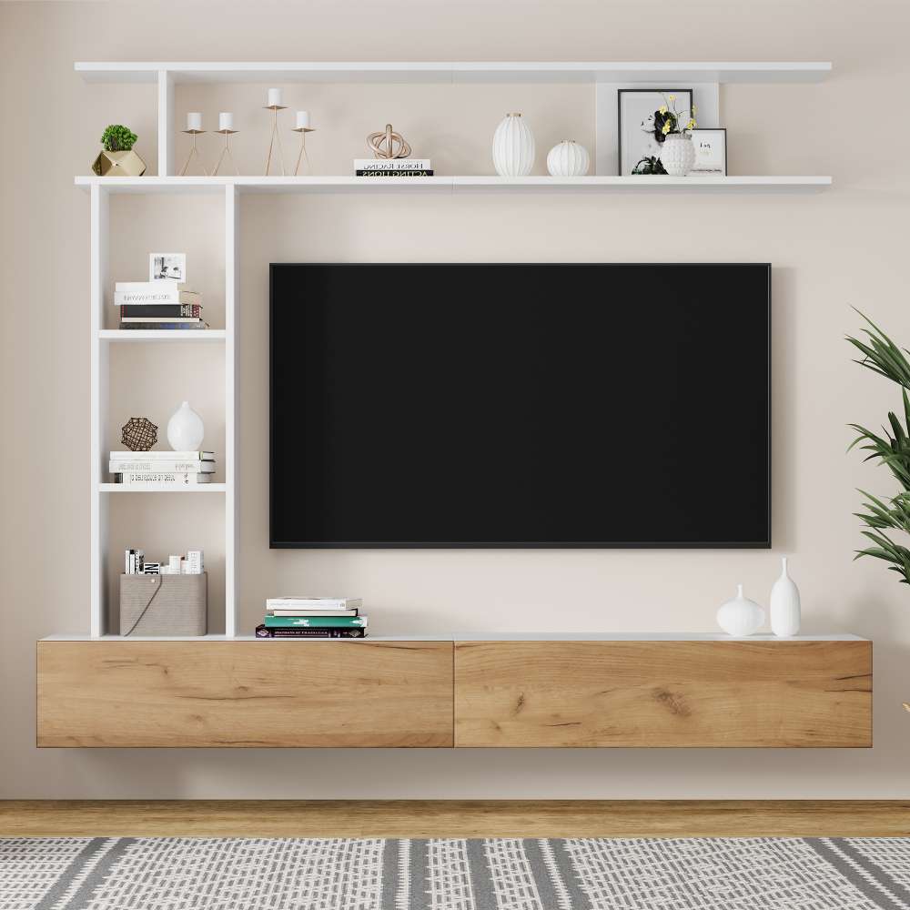 Meuble TV modulable 180 cm avec étagères, espaces de rangement ouverts et fermés, support mural et au sol pour TV jusqu’à 80 pouces