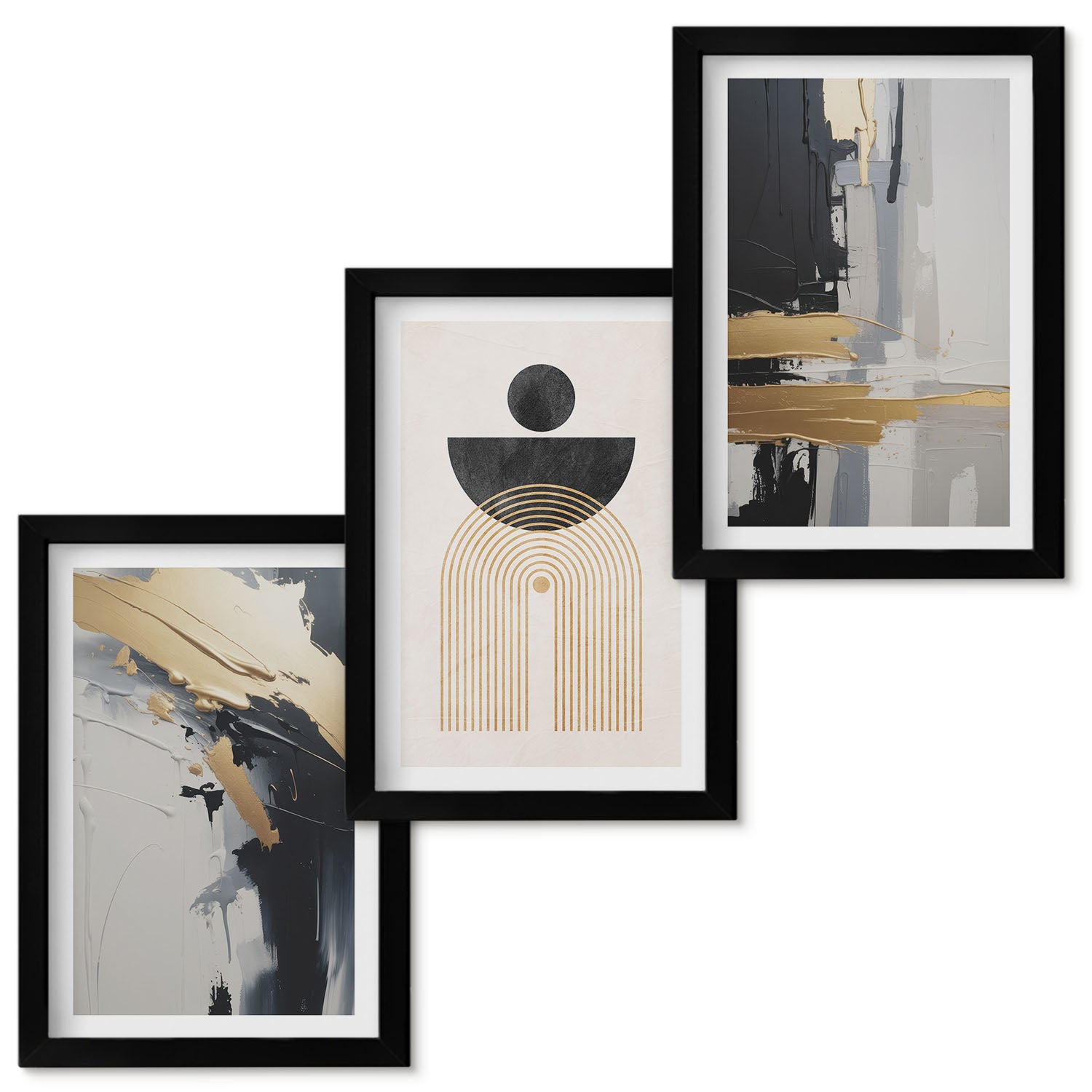 Zestaw obrazów w ramie - 3 części | Geometria abstrakcja elegancka kompozycja | Czarna ramka
