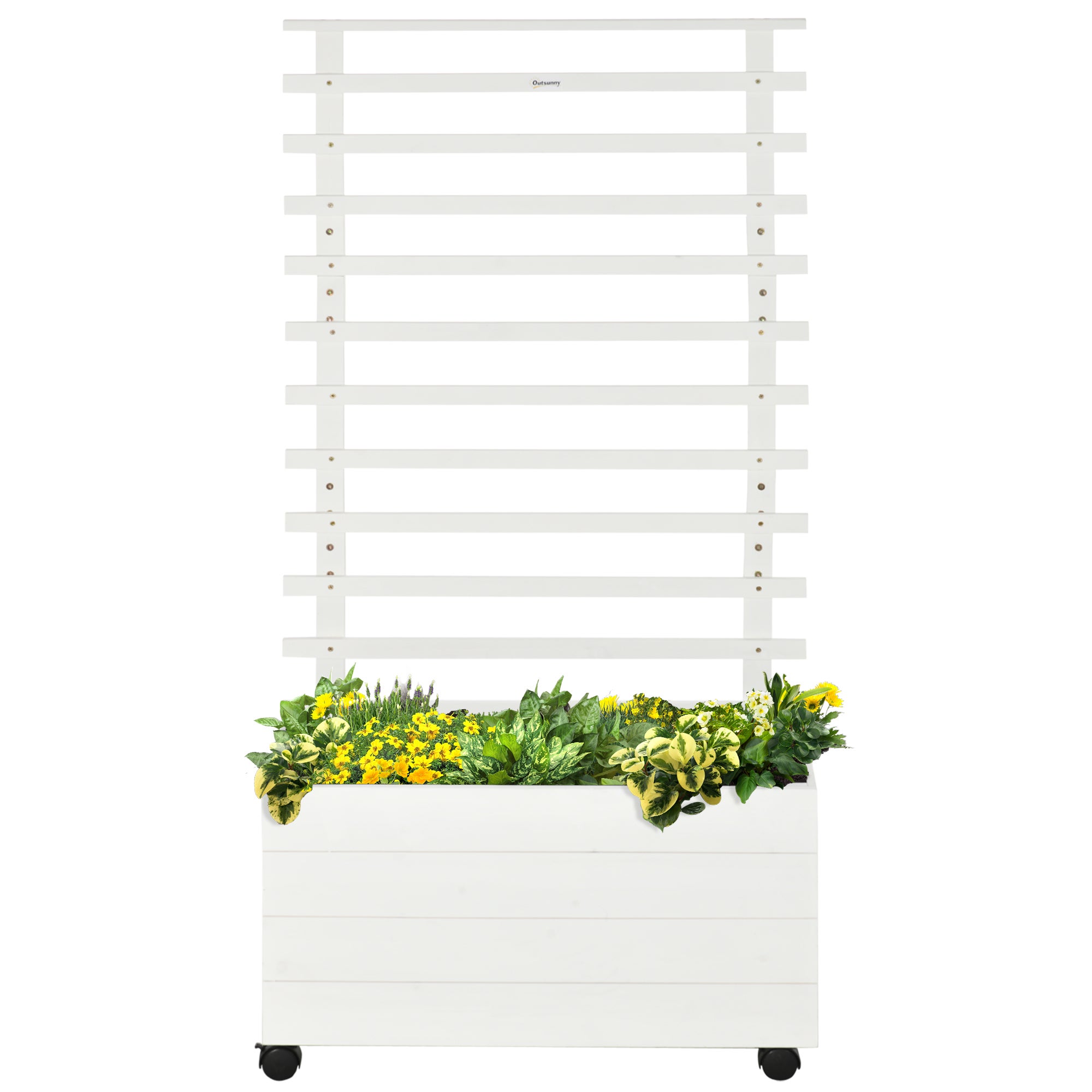 Donica z kratką, 4 kółka, drewno naturalne, farba odporna na warunki atmosferyczne, kolor biały, 76 x 30 x 155 cm