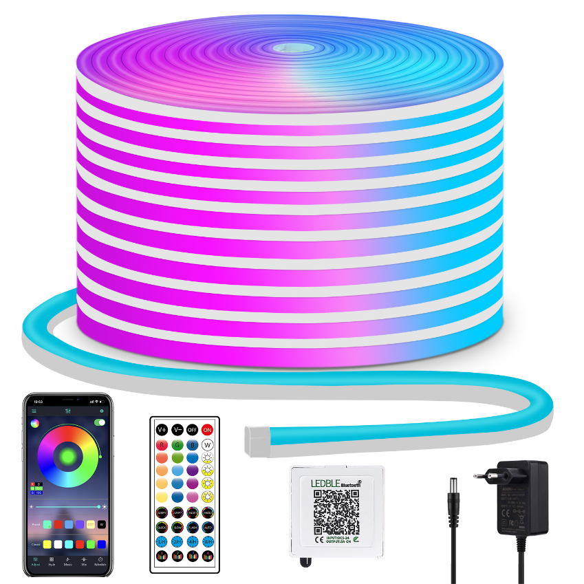 Taśmy LED RGB Neon, 5 m - 300 LED, elastyczna taśma świetlna LED do użytku wewnątrz i na zewnątrz, Aplikacja/Pilot zdalnego sterowania, Wiele trybów,