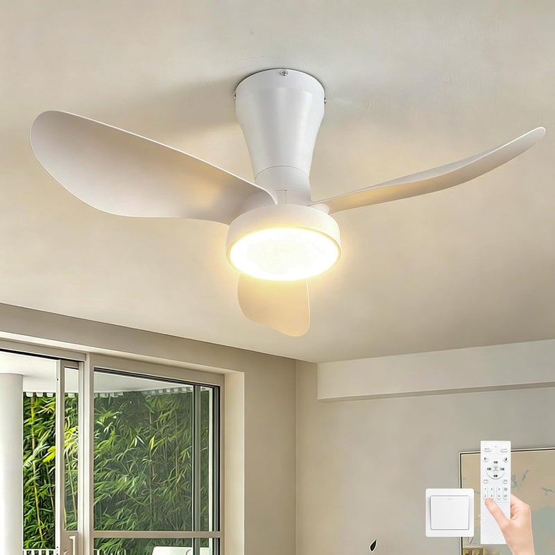 Wentylator sufitowy LED do sypialni, 82 cm, 6 prędkości, biały, cichy wentylator sufitowy ze światłem i pilotem, nowoczesna lampa ściemnialna