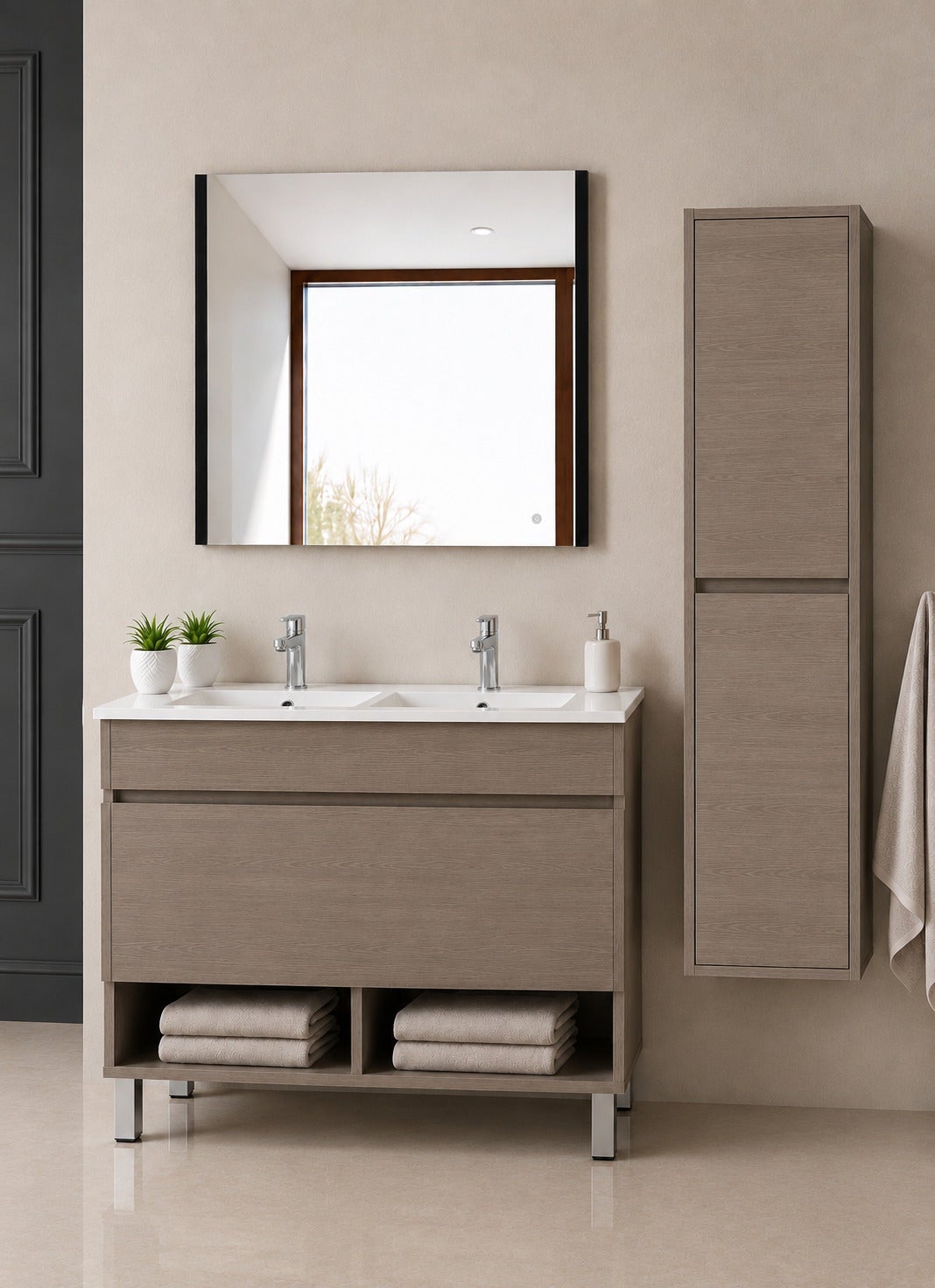 Szafka łazienkowa na nóżkach z umywalką ORIGENBATH NEBARI na nóżkach z szufladą z kolumną 120x45 cm podwójna umywalka dąb smoky z kolumną