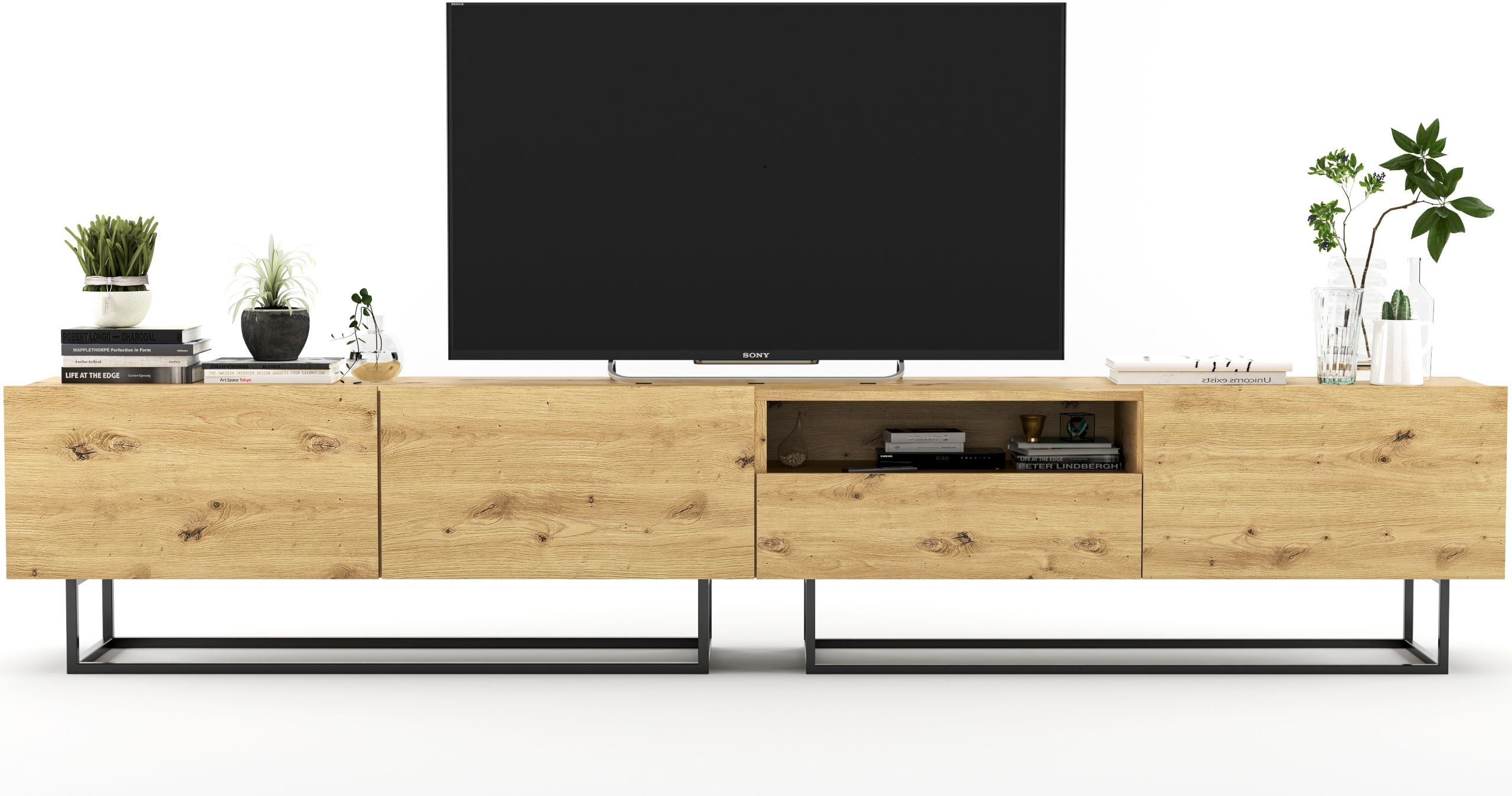Szafka RTV Loft 240 cm dąb artisan, nowoczesna komoda RTV do salonu w stylu loft
