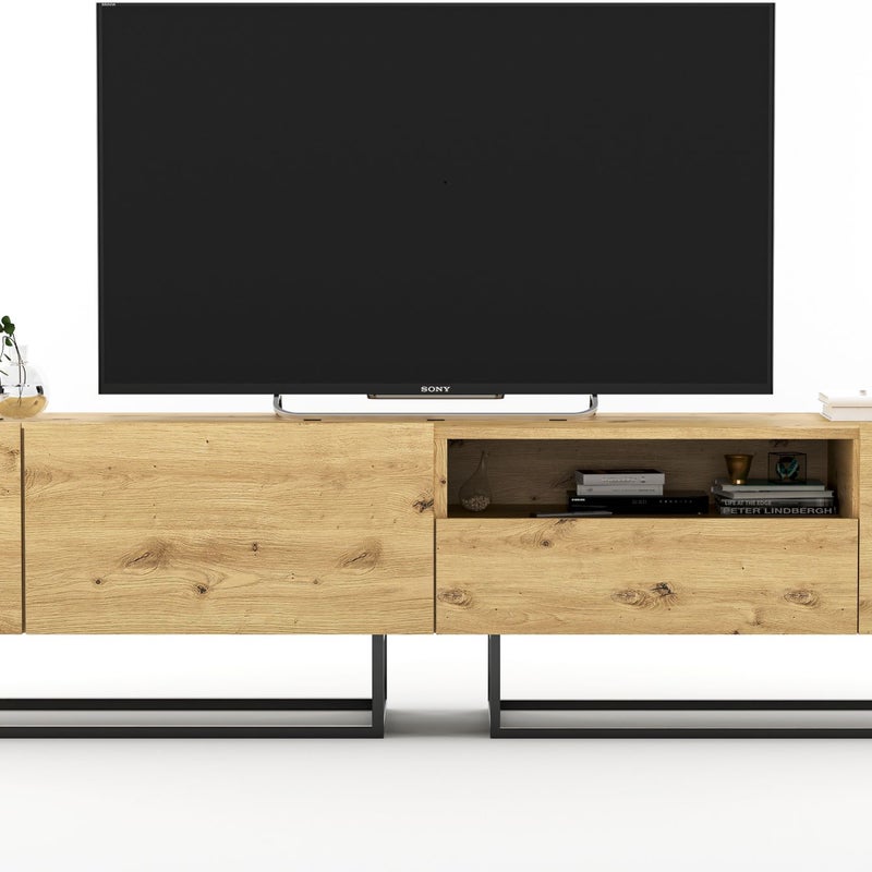 Szafka RTV Loft 240 cm dąb artisan, nowoczesna komoda RTV do salonu w stylu loft