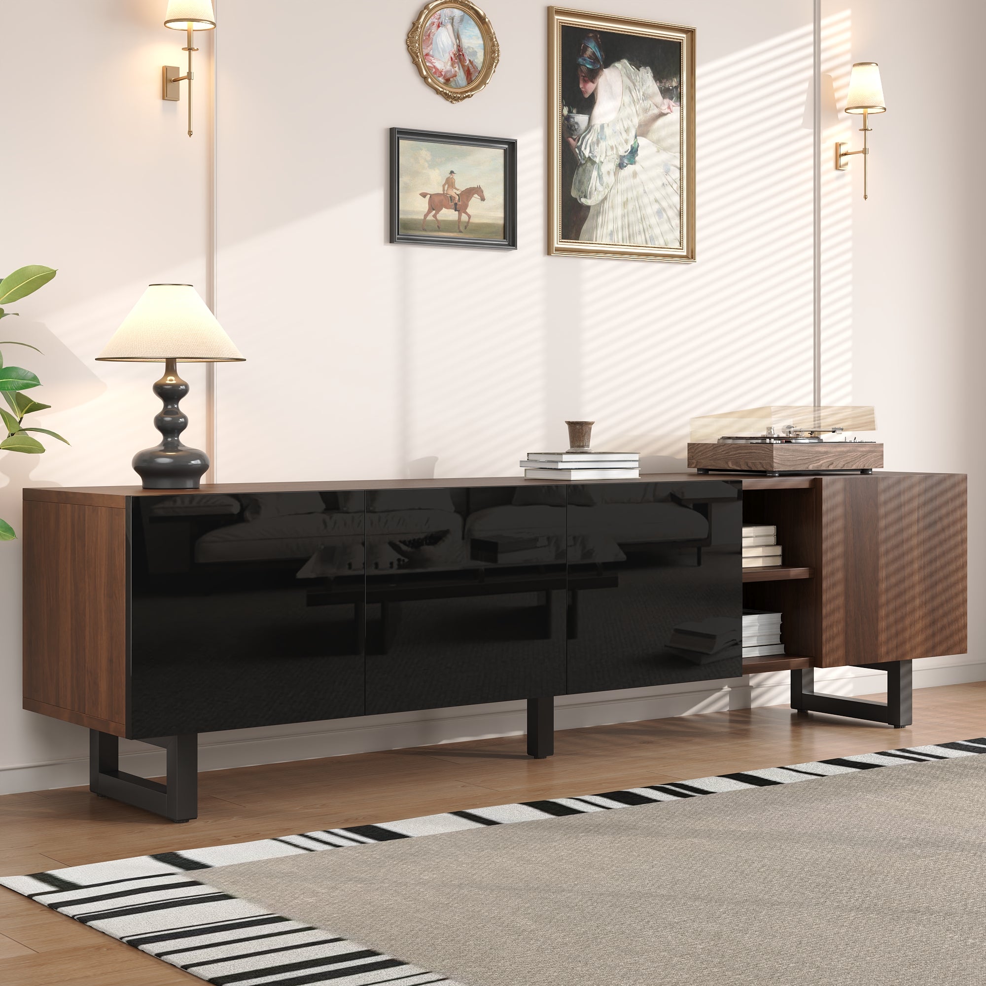 Meble pod TV 180x38x50 cm - z 4 frontami - wygląd drewna - Fronty wysokiego połysku - MDF + płyty wiórowe - Kolor naturalny + czarny
