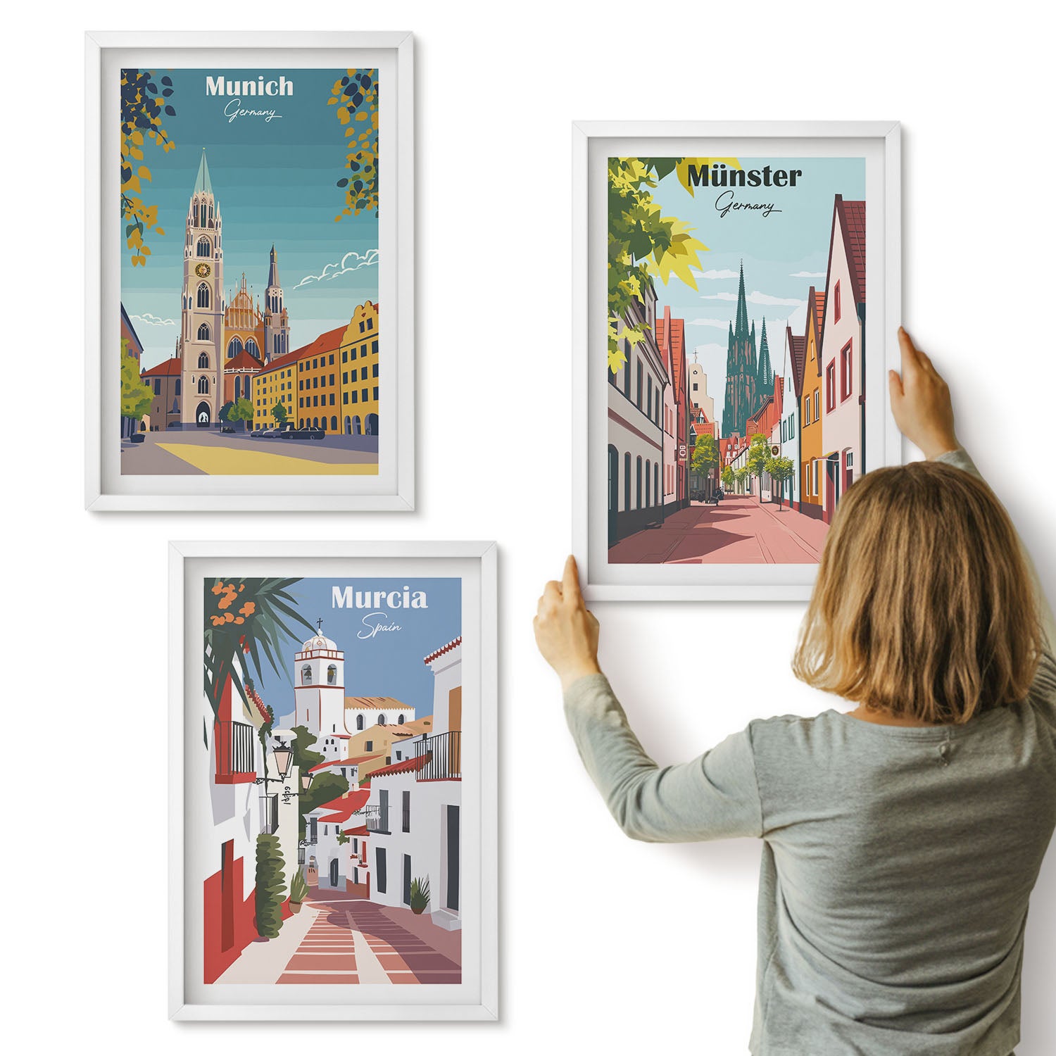 Galeria ścienna 3-częściowy komplet obrazów w białych ramach - Miasta Europy w kolorowych ilustracjach - ArtPrintCave