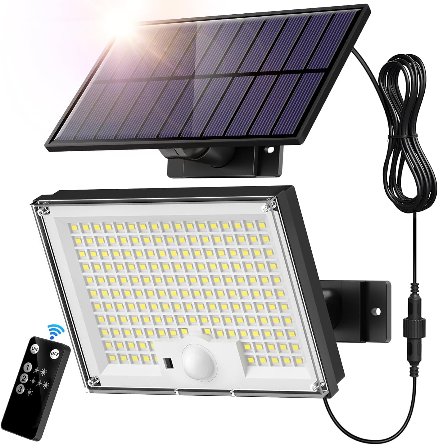 Zewnętrzny czujnik ruchu lampy słonecznej 3 tryby 172LED Reflektor IP65 Wodoodporny pilot do ogrodu, białe światło