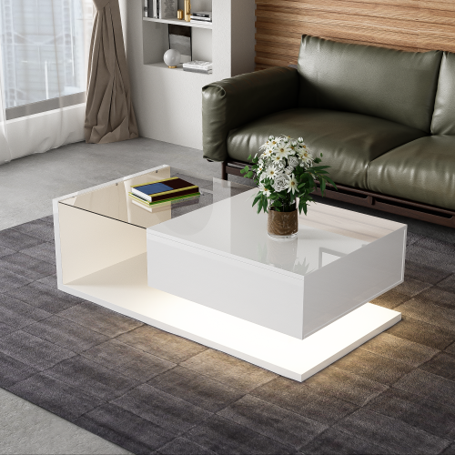 Couchtisch Hochglanz mit Glasplatte und LED Beleuchtung, Moderner Beistelltisch mit Ablagefach 105x55 cm dla Wohnzimmer