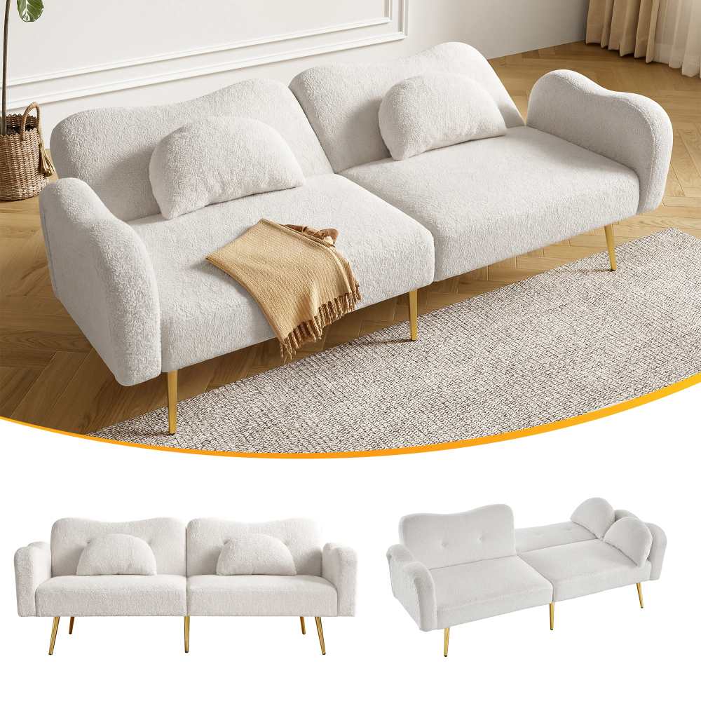 Nowoczesna, rozkładana sofa 2-osobowa – aksamit premium, regulowane oparcia i złote nogi