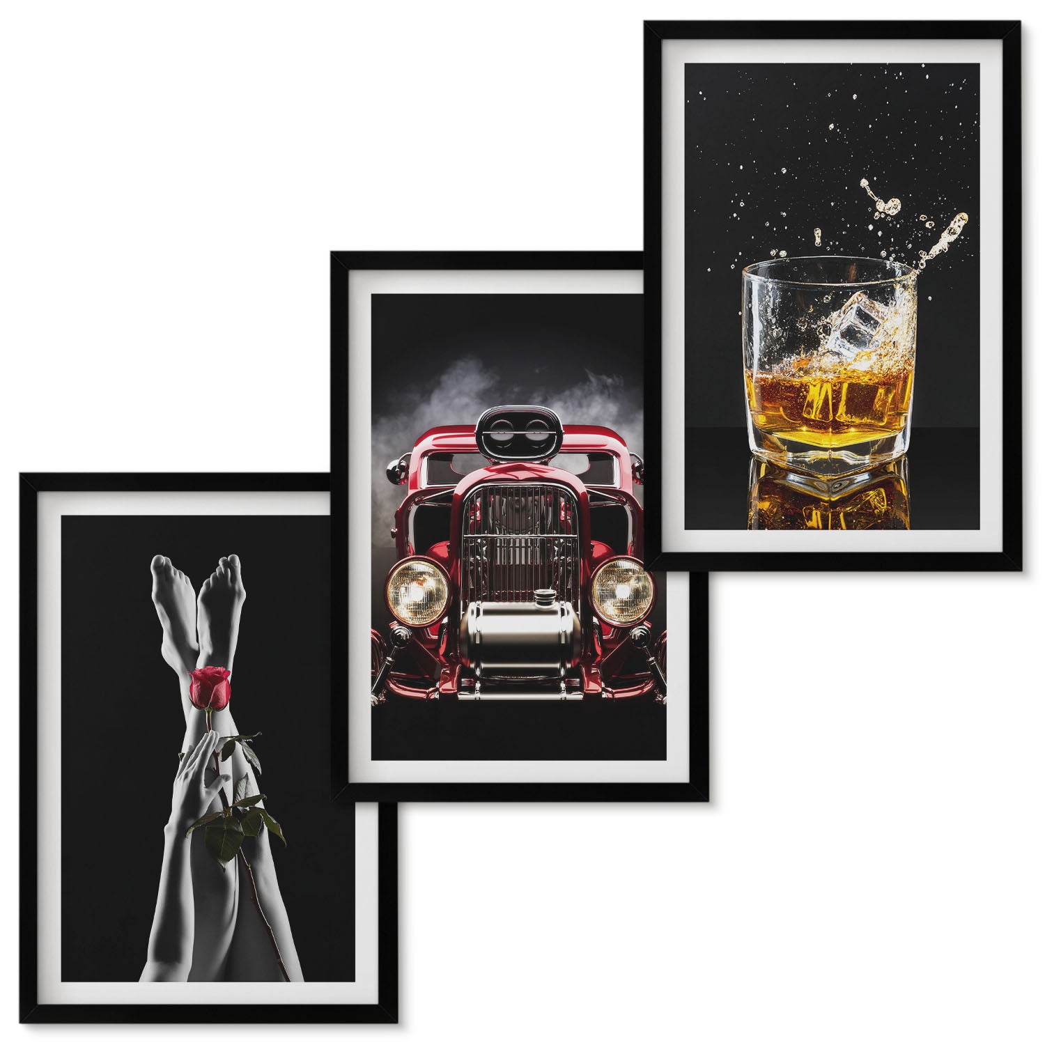 Zestaw obrazów w ramie - 3 części | Kobiece nogi z różą stary samochód szklanka whisky | Czarna ramka