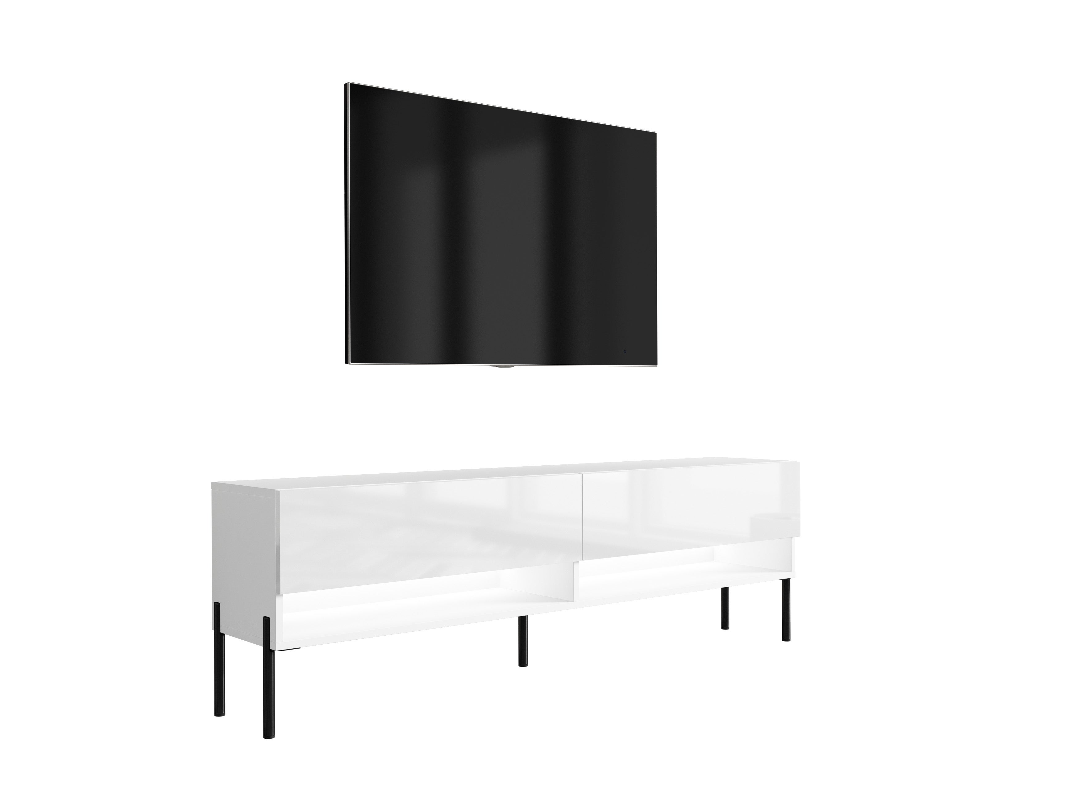 Szafka pod telewizor 170 cm Biały Mat / Biały Połysk, nóżki proste czarne, LED biały, 170 × 32 × 52 cm