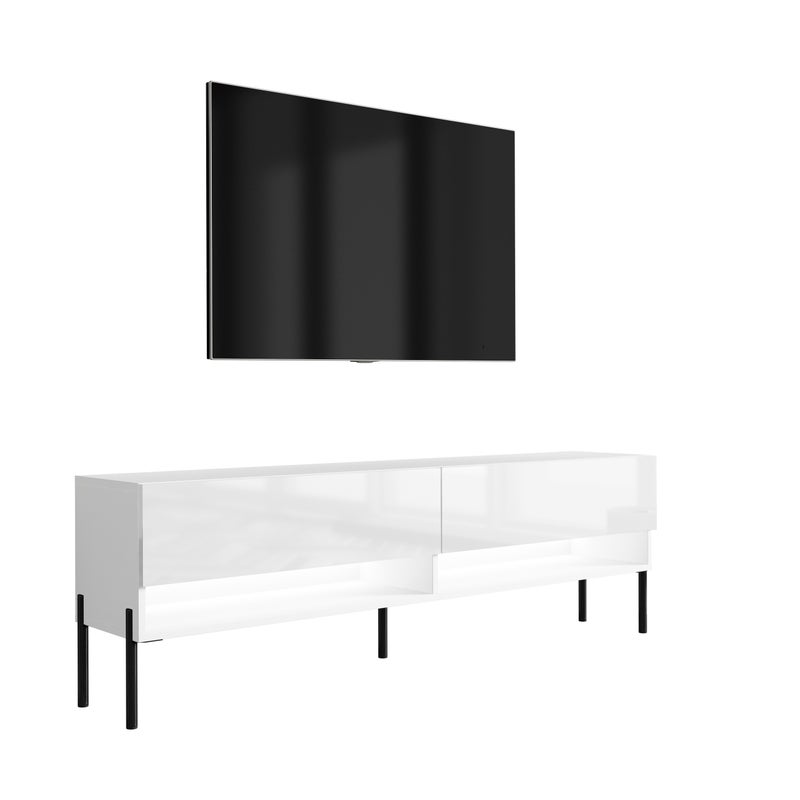 Szafka pod telewizor 170 cm Biały Mat / Biały Połysk, nóżki proste czarne, LED biały, 170 × 32 × 52 cm