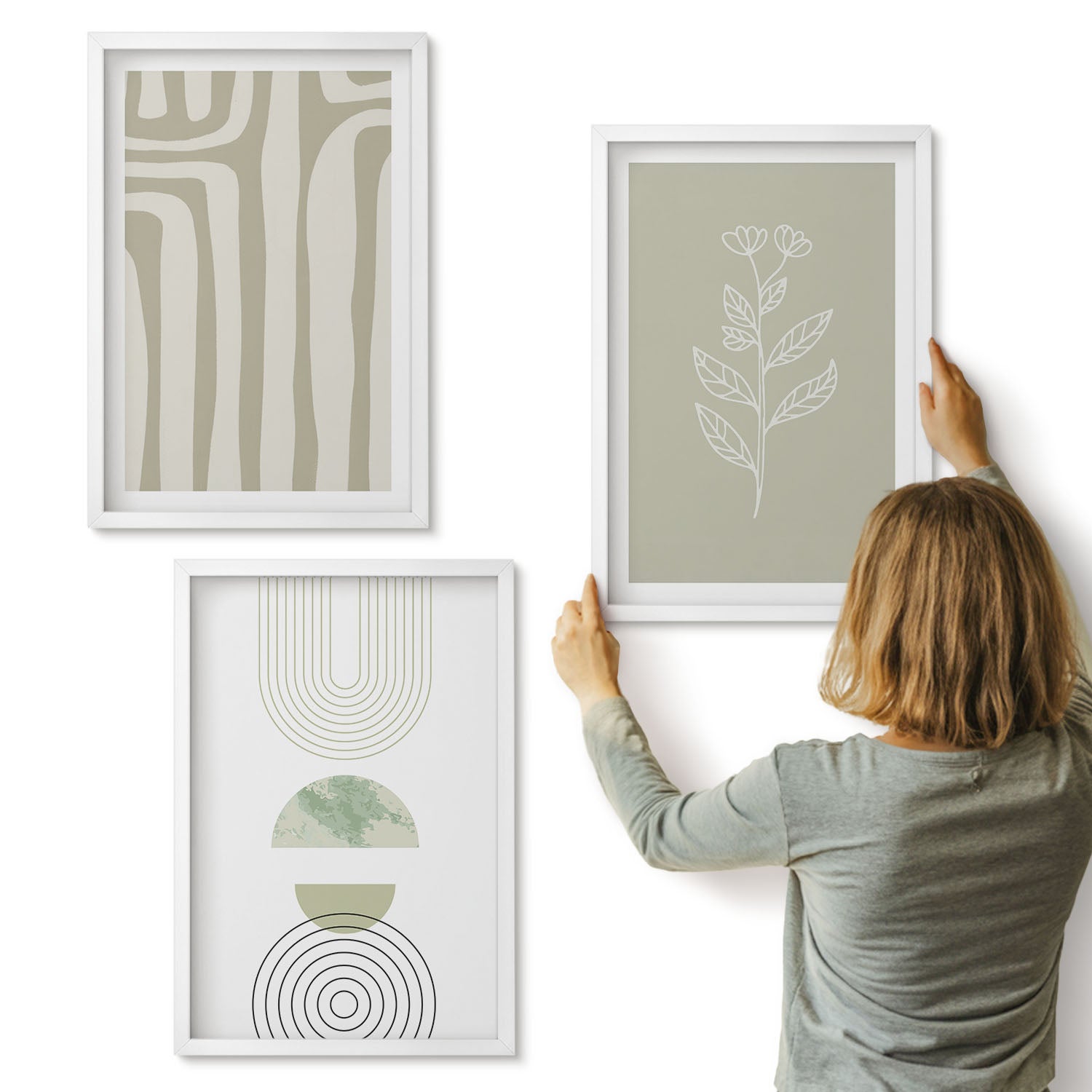 Galeria ścienna 3-częściowy komplet obrazów w białych ramach - Wzory geometryczne z roślinnymi akcentami w odcieniach zieleni - ArtPrintCave