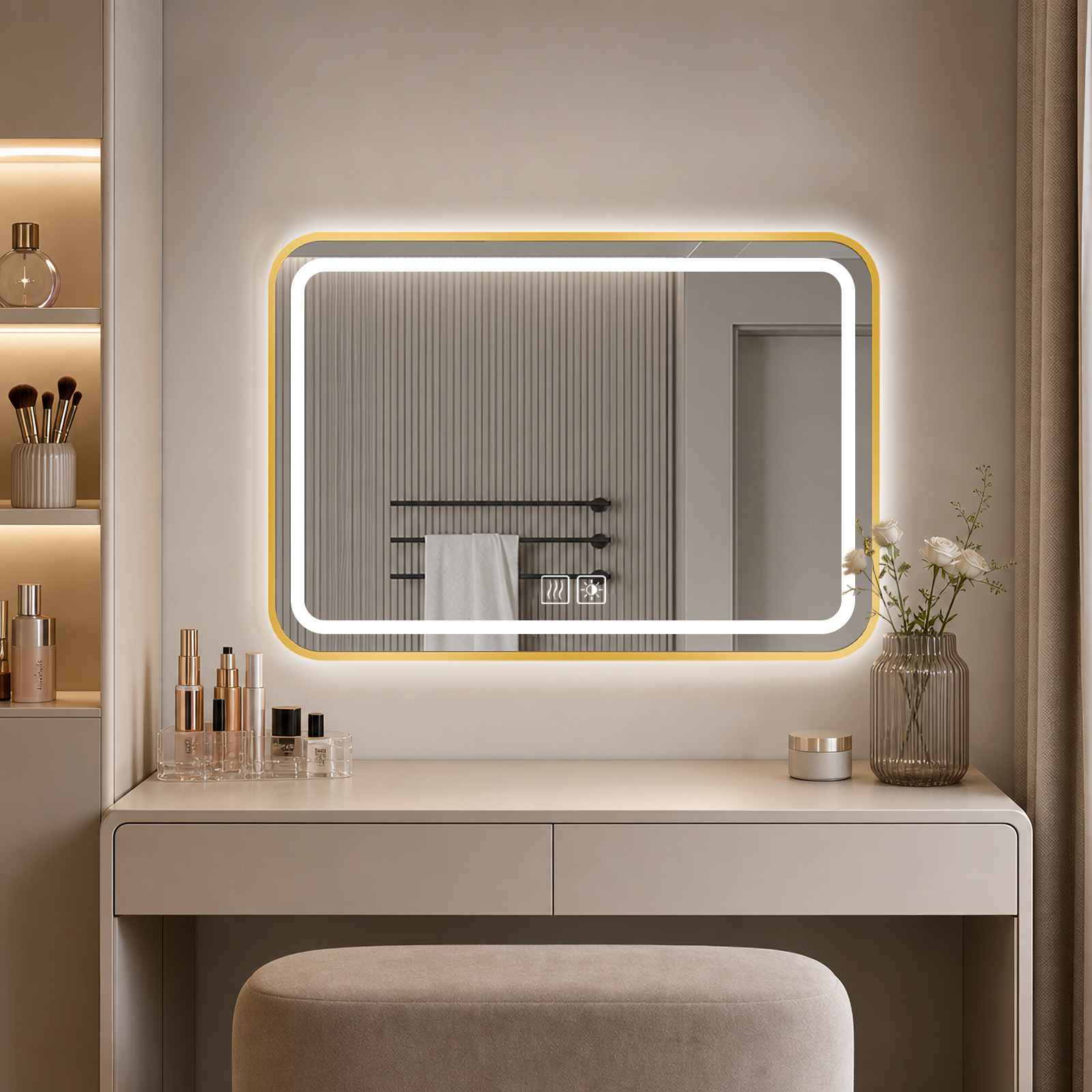 Duże lustro LED 70x100cm do łazienki ze złotą ramą, podświetlane lustro ścienne XXL z dotykowym sterowaniem, 3 kolory światła, anti-fog, szkło HD