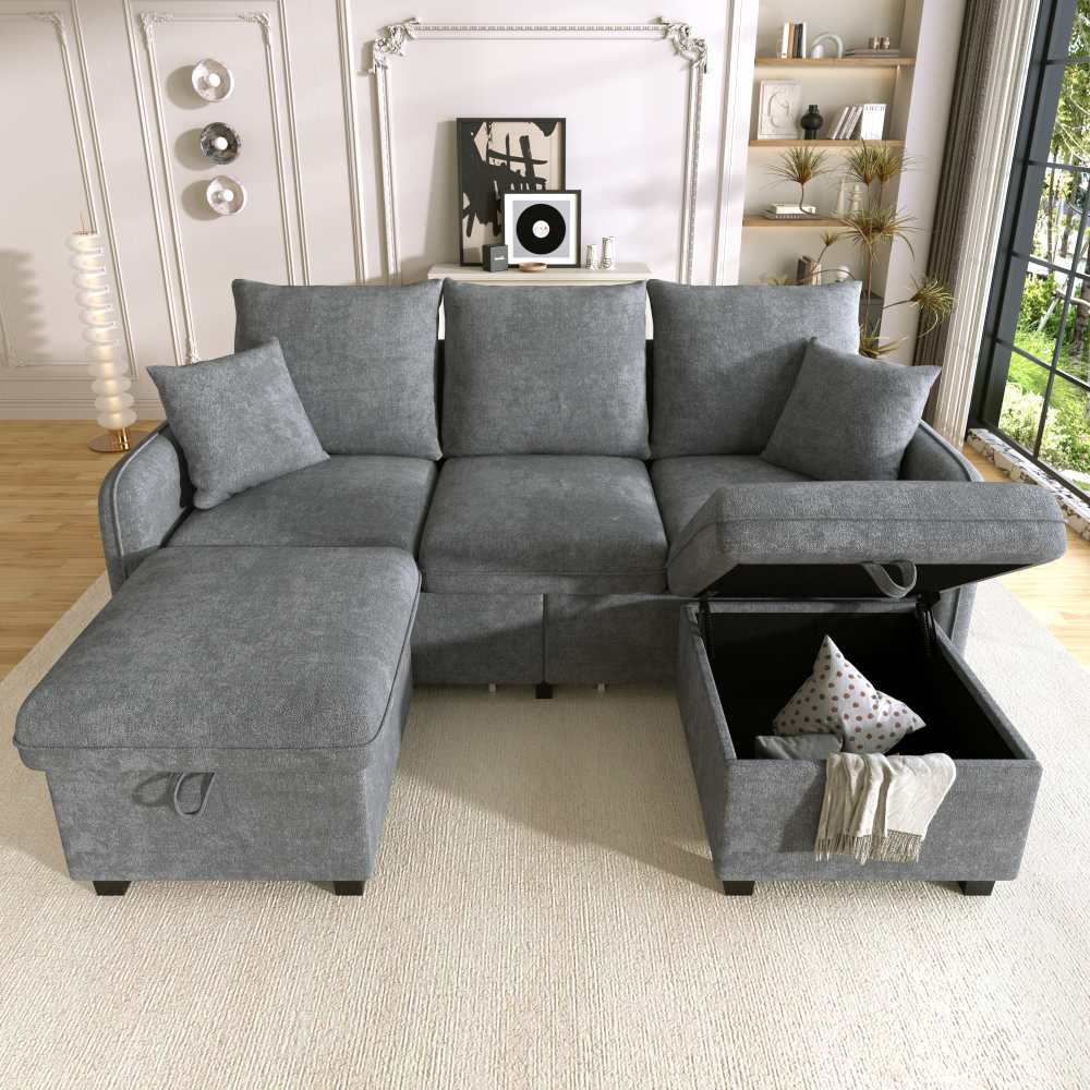 Wielofunkcyjna sofa narożna w kształcie litery U, 3-osobowa, z pojemnikiem na pościel – szuflady + pufa ze schowkiem, tkanina prążkowana