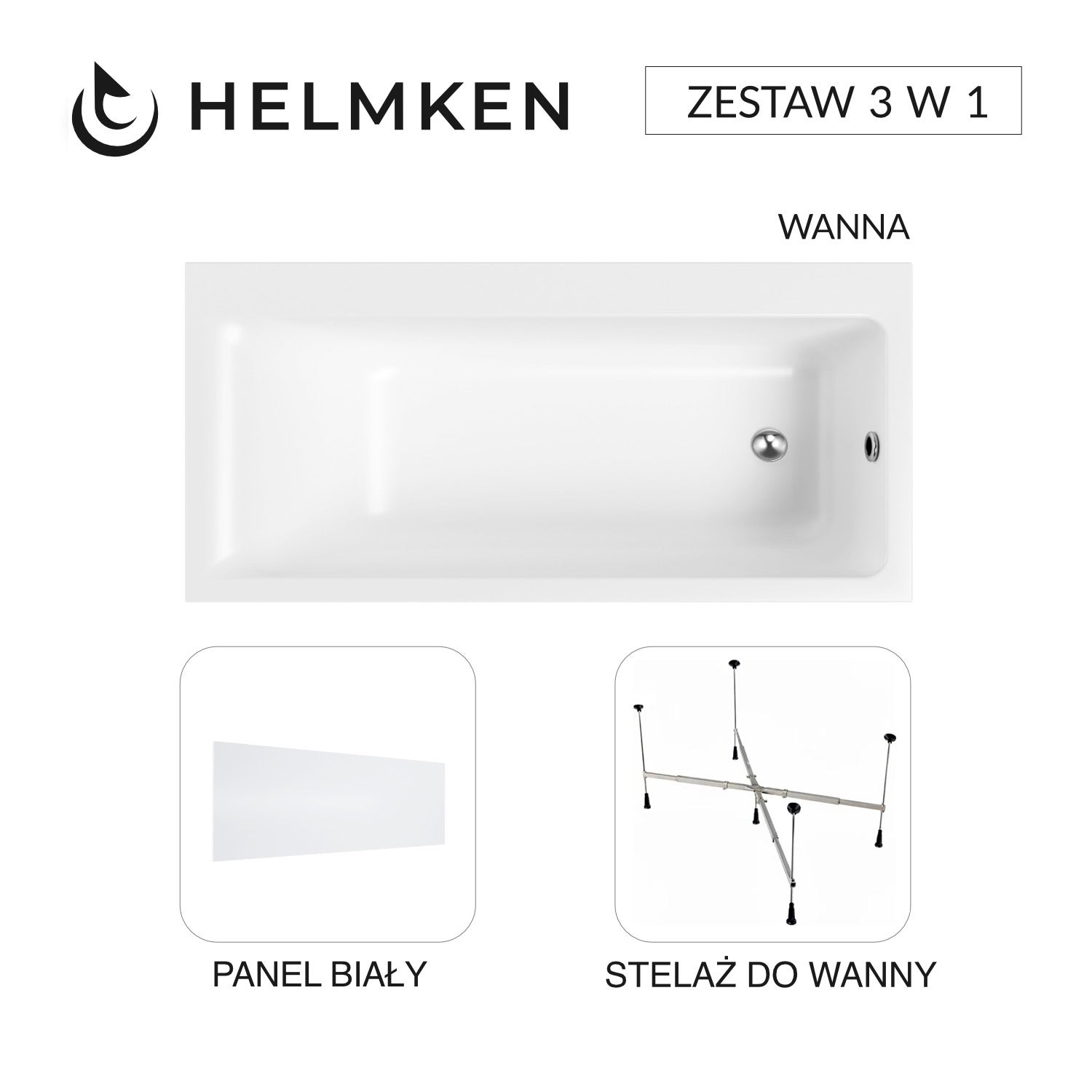 Wanna akrylowa Helmken Seraphina 170x80 PRAWA + Panel Biały + Stelaż uniwersalny do wanien Helmken 21230020 / 3512170R-3S