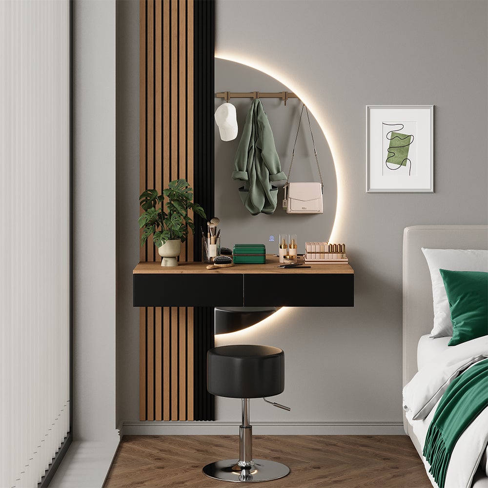 Vicco Stół do toalety Melina, Dąb/czarny, 100 cm z lustrem LED i stołkiem