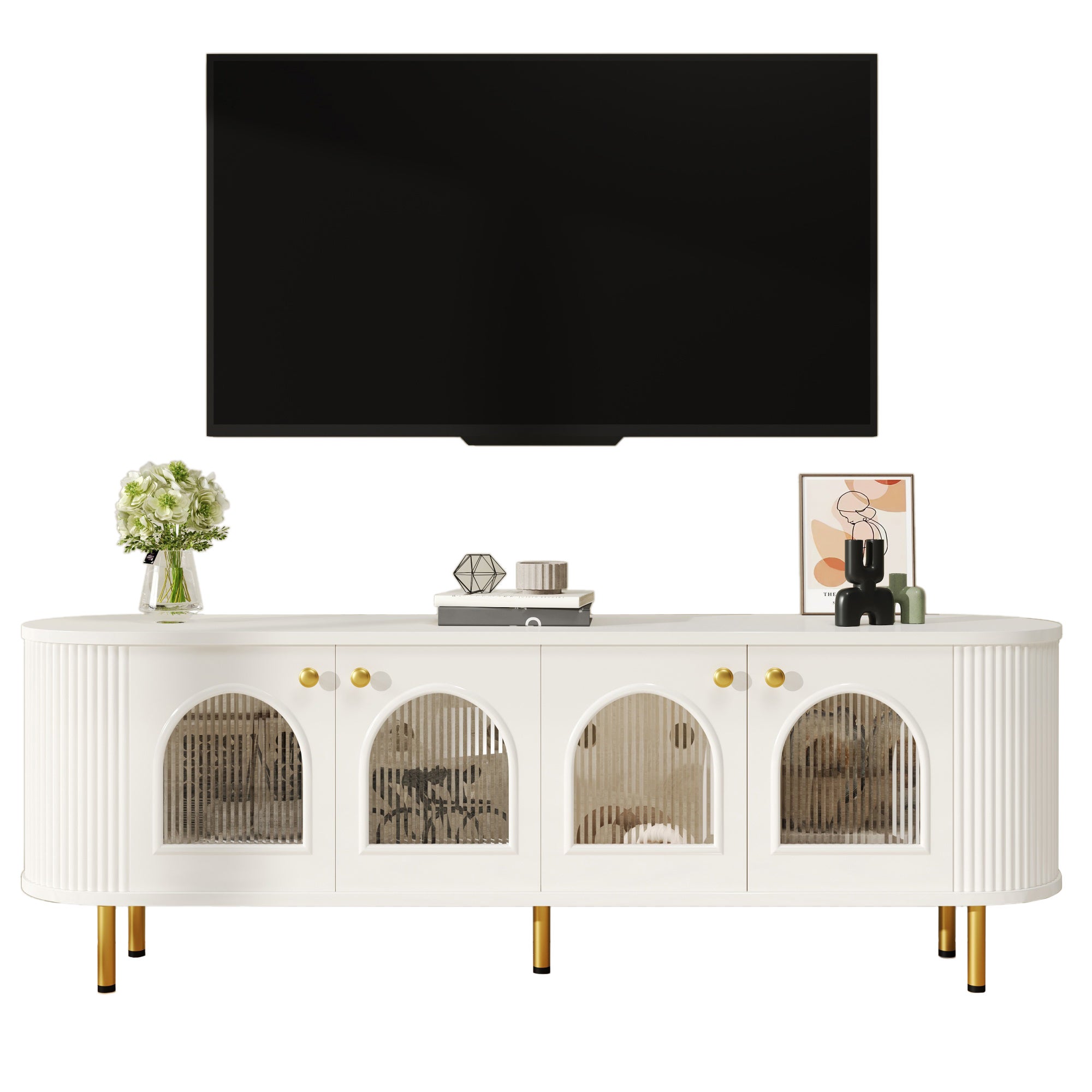 TV-Schrank Lowboard z Drzwiami Szkłanymi - Białe z Złotymi Dziećmi i Ręczkami - MDF - 170x35x55 cm
