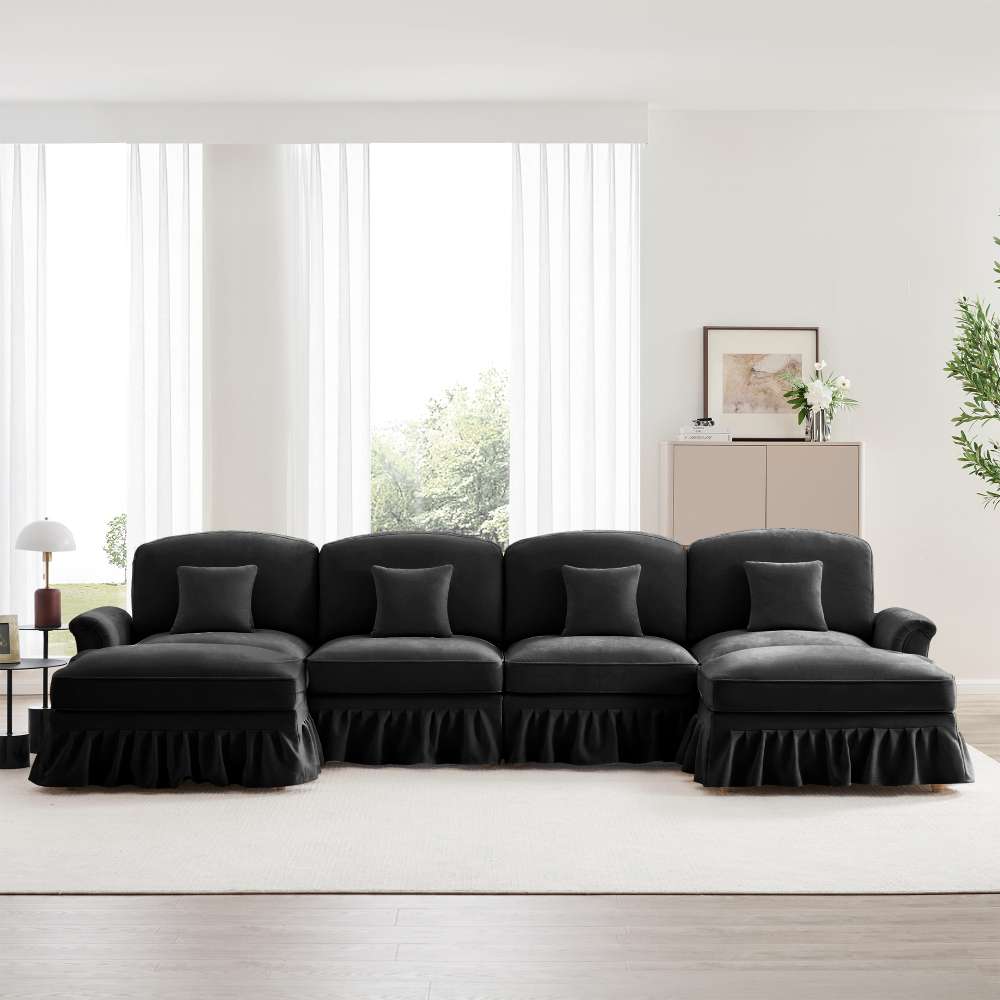 Modułowa sofa w kształcie U dla 4 osób, miękka tkanina szenilowa, zdejmowane pokrowce, wysuwane podłokietniki, smukłe nóżki oraz mobilny puf