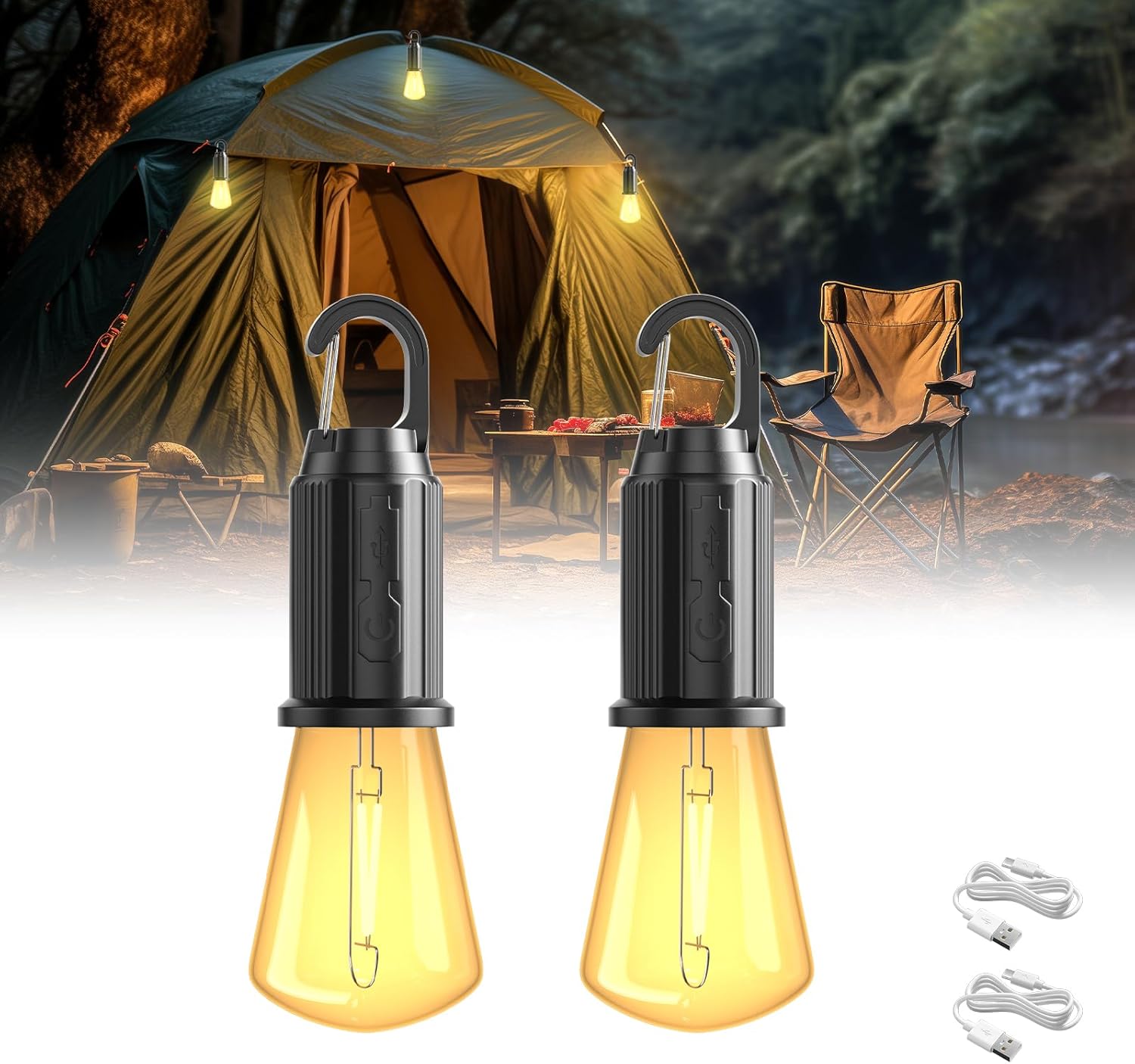 Zestaw 2 akumulatorowych lamp kempingowych LED, stopień ochrony IP65, 3 poziomy jasności, ciepłe światło