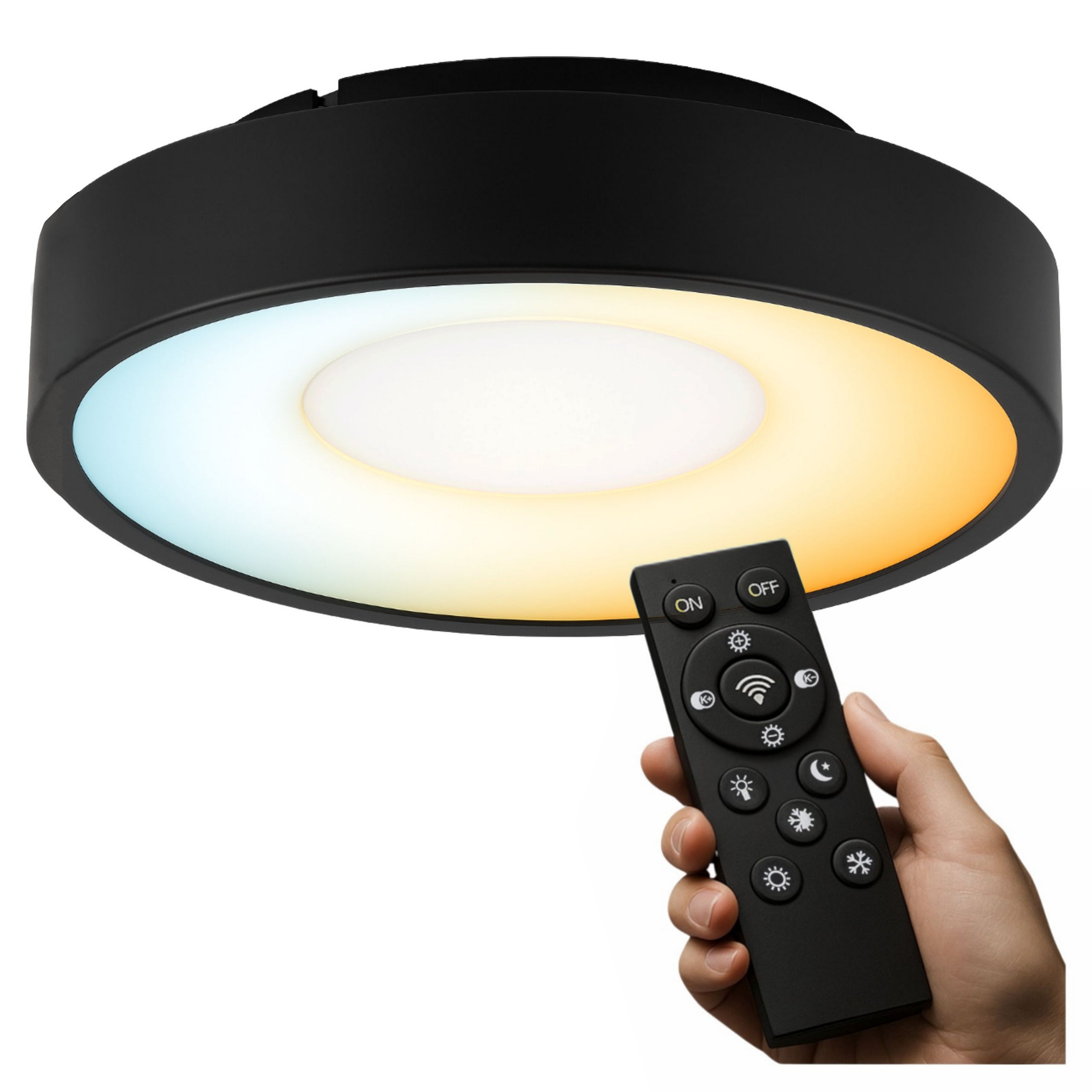 Lampa sufitowa LED czarna duża - Plafon z pilotem 48cm 3 barwy światła - Panel okrągły ściemniany nowoczesny - LEDHOFF