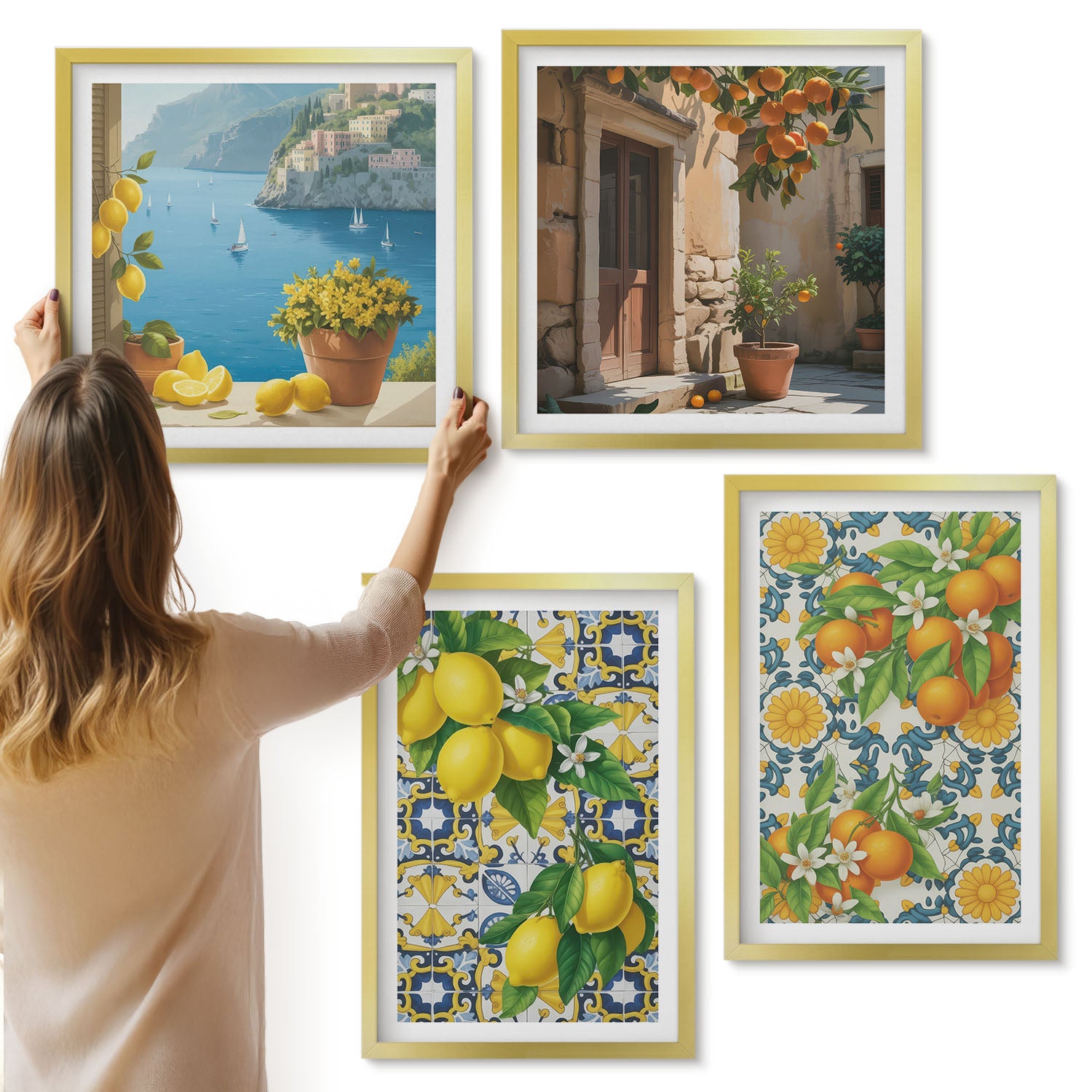 Galeria ścienna 4-częściowy komplet obrazów w złotych ramach - Cytryny kwiaty i pomarańcze w stylu włoskim - ArtPrintCave