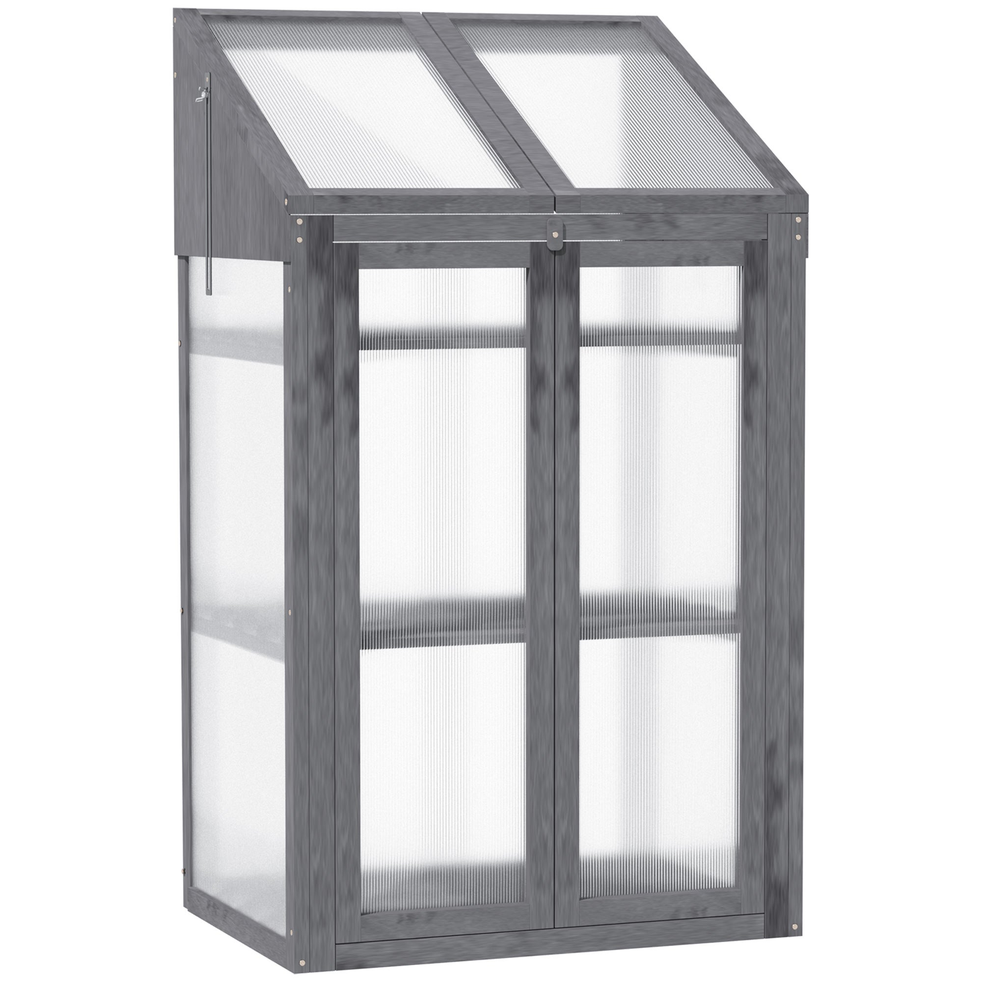 Mini szklarnia, mała szklarnia z drewnianą ramą, oknami i podwójnymi drzwiami, 3 półki, 70 dł. x 50 szer. x 120 wys. cm, szara