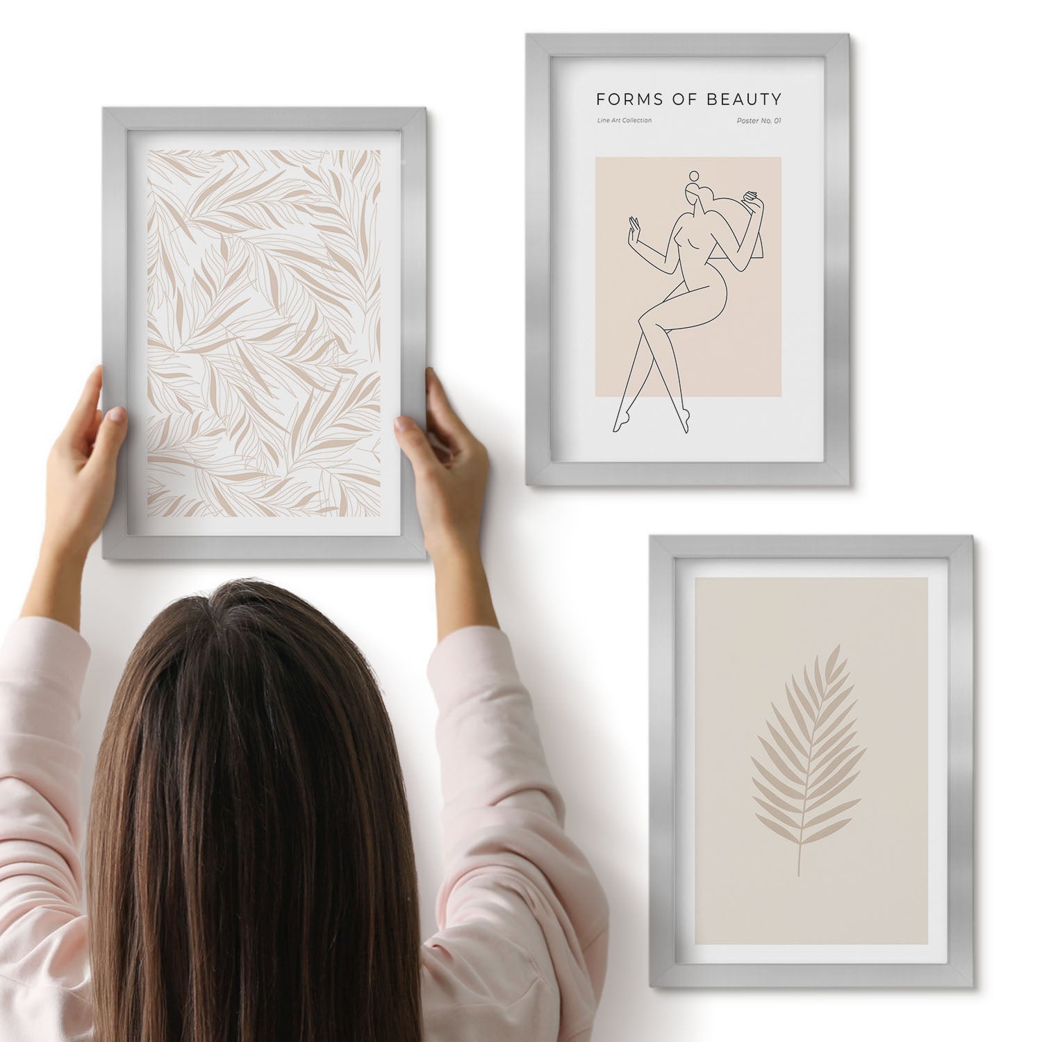 Galeria ścienna 3-częściowy komplet obrazów w srebrnych ramach - Motywy minimalistycznym stylu botaniczne wzornictwo - ArtPrintCave