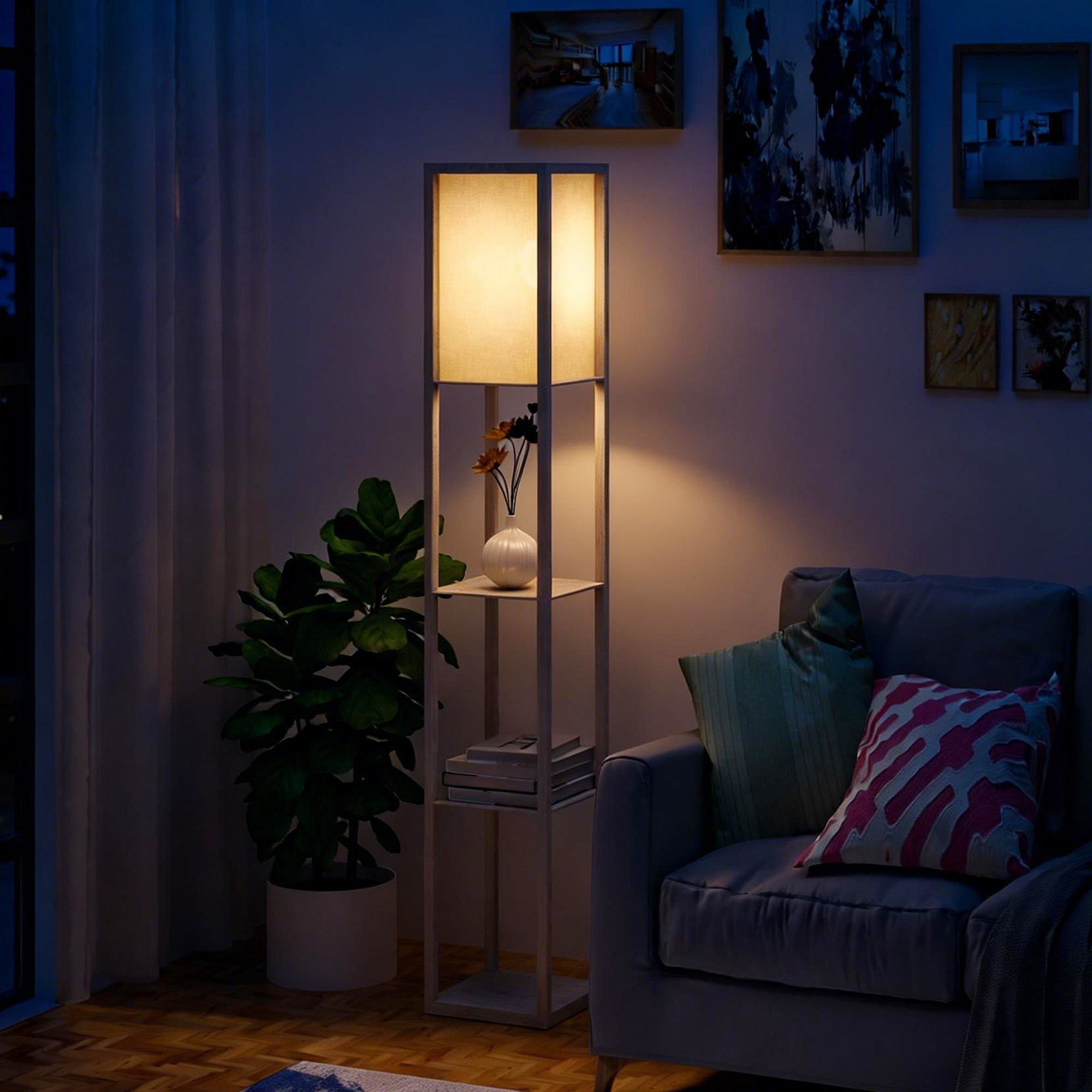 Lampa podłogowa 40 W z 3 wbudowanymi półkami i włącznikiem nożnym, nowoczesna lampa z płyty MDF i akrylu, 26 x 26 x 160 cm, dąb
