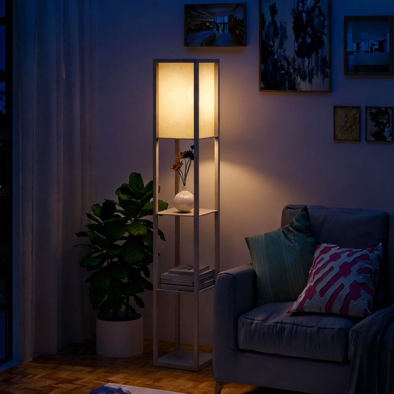Lampa podłogowa 40 W z 3 wbudowanymi półkami i włącznikiem nożnym, nowoczesna lampa z płyty MDF i akrylu, 26 x 26 x 160 cm, dąb