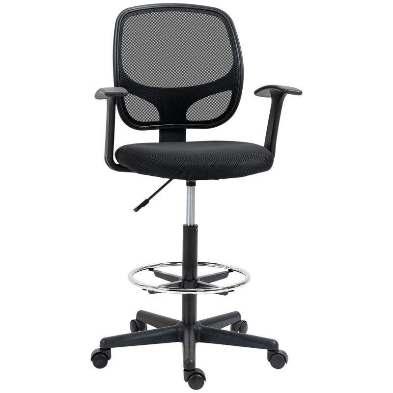 Ergonomiczny fotel biurowy, krzesło do rysowania, podnóżek, oparcie z siatki, regulowana wysokość, 64x57x110-132 cm, czarny