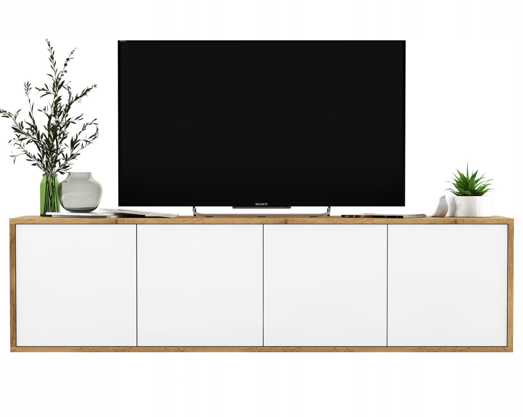 Wisząca szafka RTV Loft 150 cm dąb wotan biały mat, komoda pod telewizor do salonu