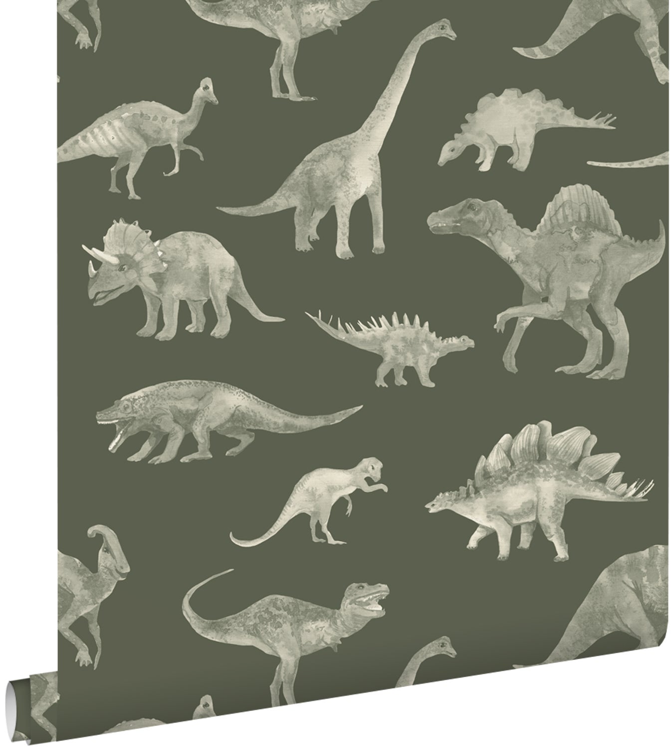 Tapeta dinozaury oliwkowa zieleń - 50 x 900 cm - ESTAHOME