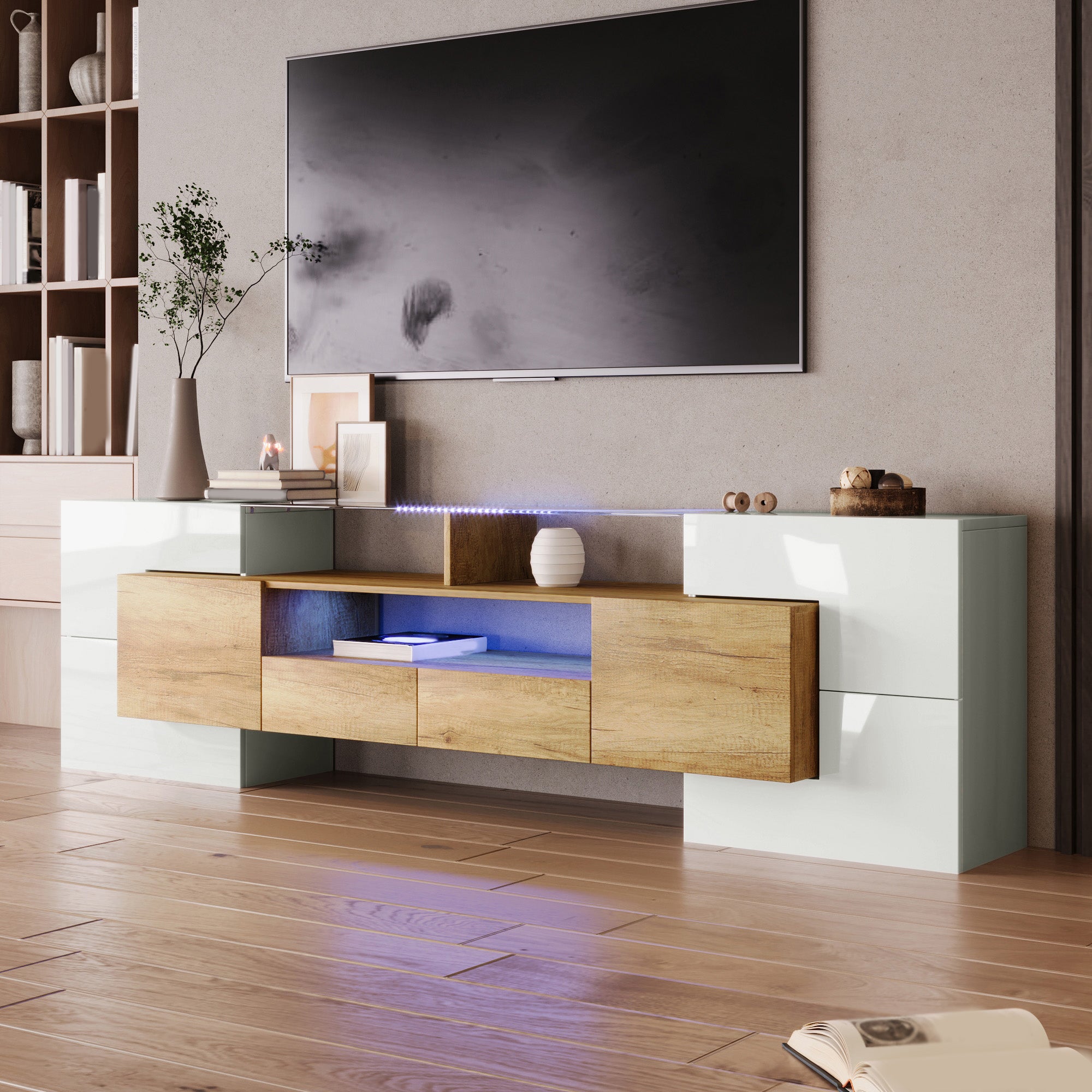 Stylowa szafka RTV, niska szafka.biały wysoki połysk, 200 cm, oświetlenie LED, meble do salonu. nowoczesny design. elegancka szklana powierzchnia