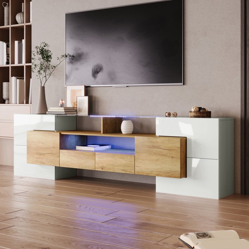 Stylowa szafka RTV, niska szafka.biały wysoki połysk, 200 cm, oświetlenie LED, meble do salonu. nowoczesny design. elegancka szklana powierzchnia