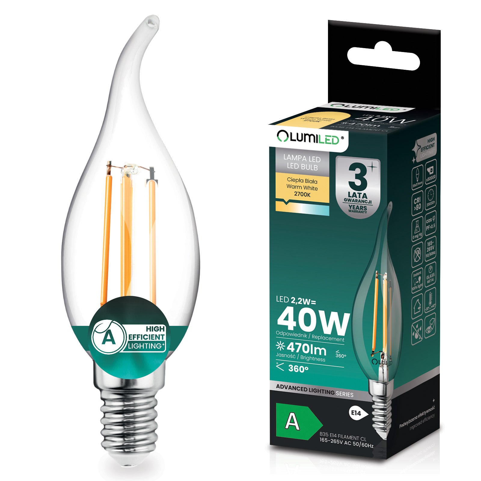 Żarówka LED Lumiled E14 Świeczka BA35 2.2 W 470 lm 2700K Ciepła biel 360st Filament Klasa A