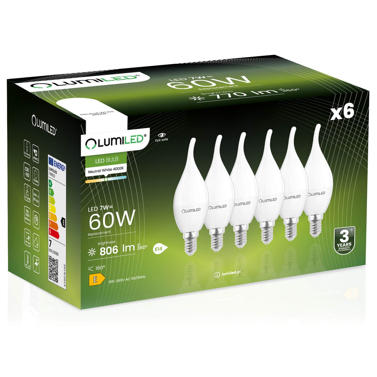 6x Żarówka Lumiled LED E14 Świeczka BA35 7W = 60W 806lm 4000K Neutralna 360st