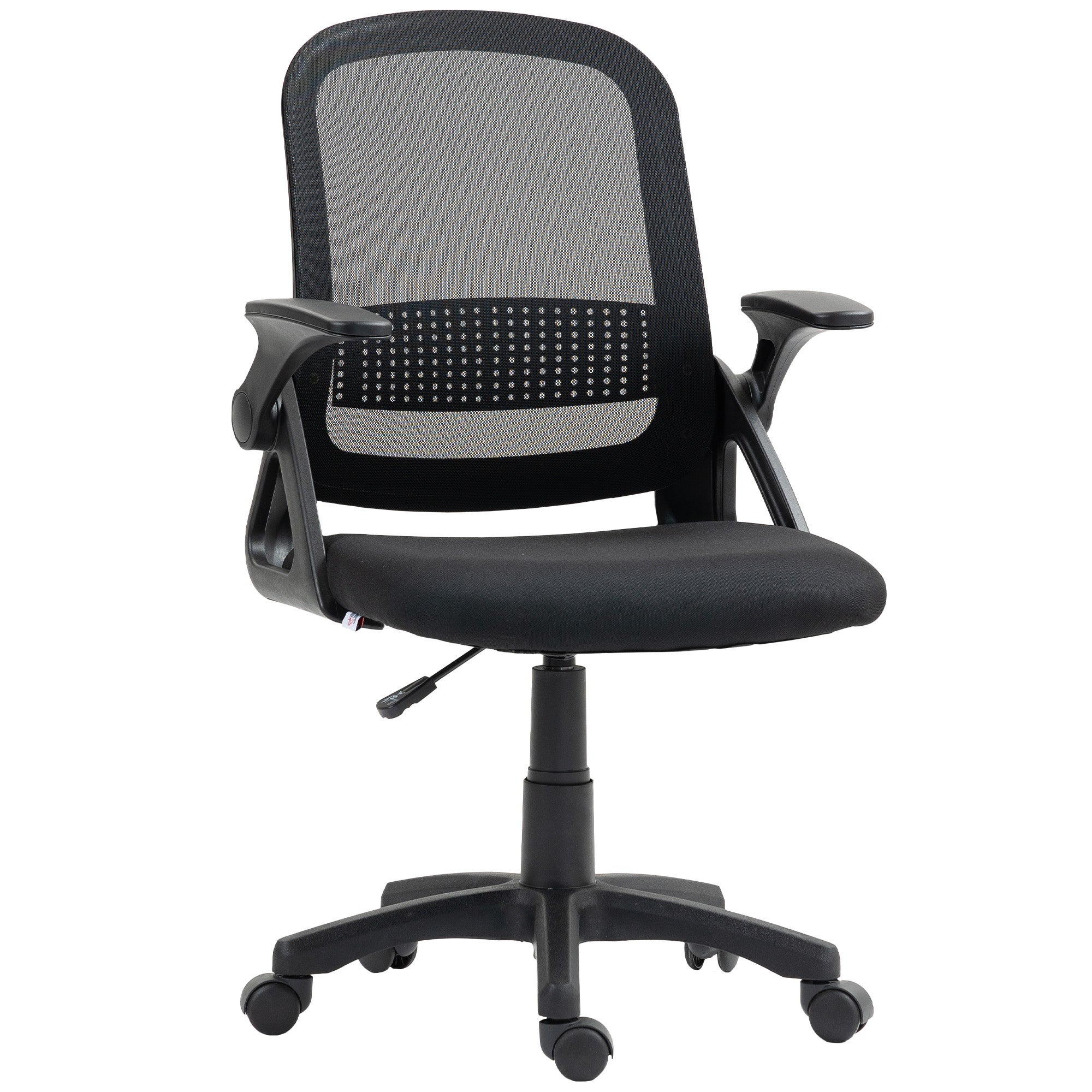 Ergonomiczny obrotowy fotel biurowy z przewiewnej siatki, ze składanymi podłokietnikami i podparciem lędźwiowym, czarny