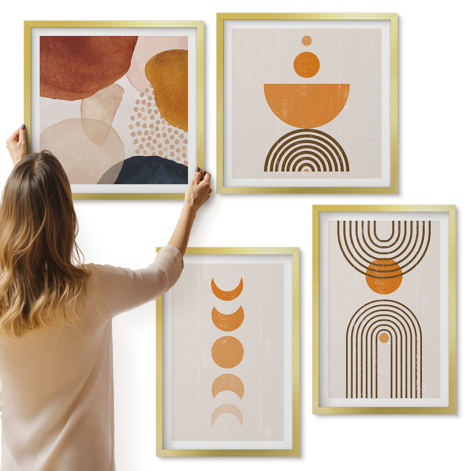 Galeria ścienna 4-częściowy komplet obrazów w złotych ramach - Boho minimalistyczne wzornictwo dekoracyjne - ArtPrintCave
