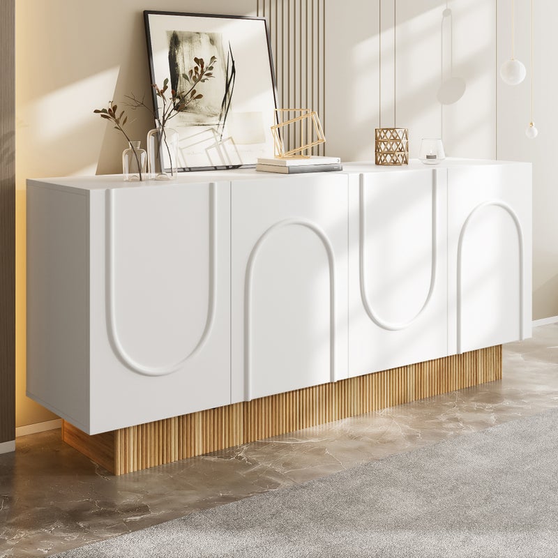 Nowoczesny buffet 160x38x75 cm - 4 fronty - Wzór wypukły - Płyty wiórowe - Biały + kolor naturalny