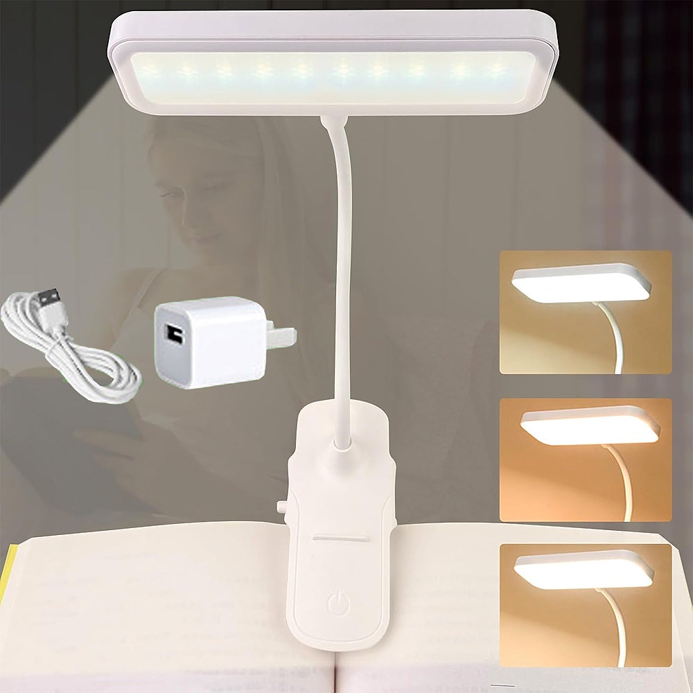 Lampka do czytania mocowana na klipsie, ładowana przez USB, przenośna, 3 kolory, regulowana jasność, giętka szyjka 360°, lampka do czytania, do łóżka