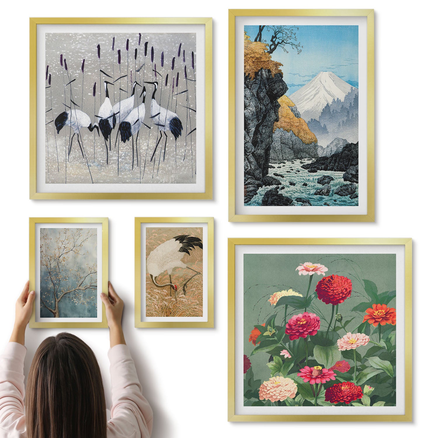 Galeria ścienna 5-częściowy komplet obrazów w złotych ramach - Krajobrazy natury z kwiatami i ptakami w stylu japońskim - ArtPrintCave
