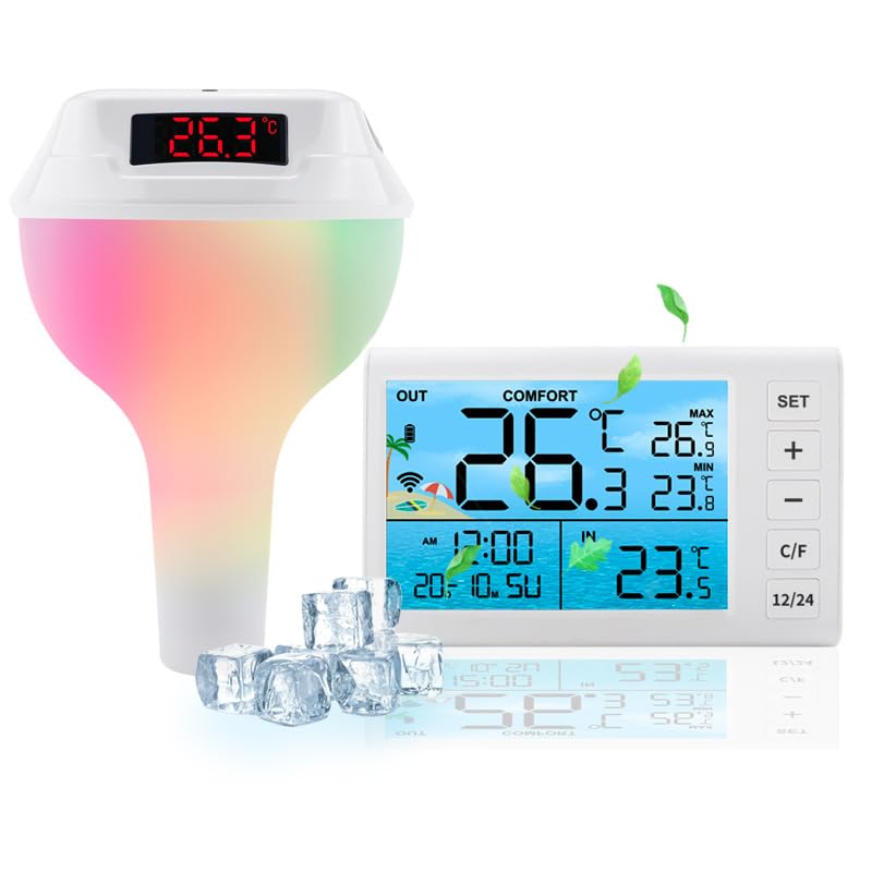 Bezprzewodowy solarny termometr basenowy, elektroniczny wyświetlacz cyfrowy, z oświetleniem RGB i odbiornikiem danych, odpowiedni do basenów, biały