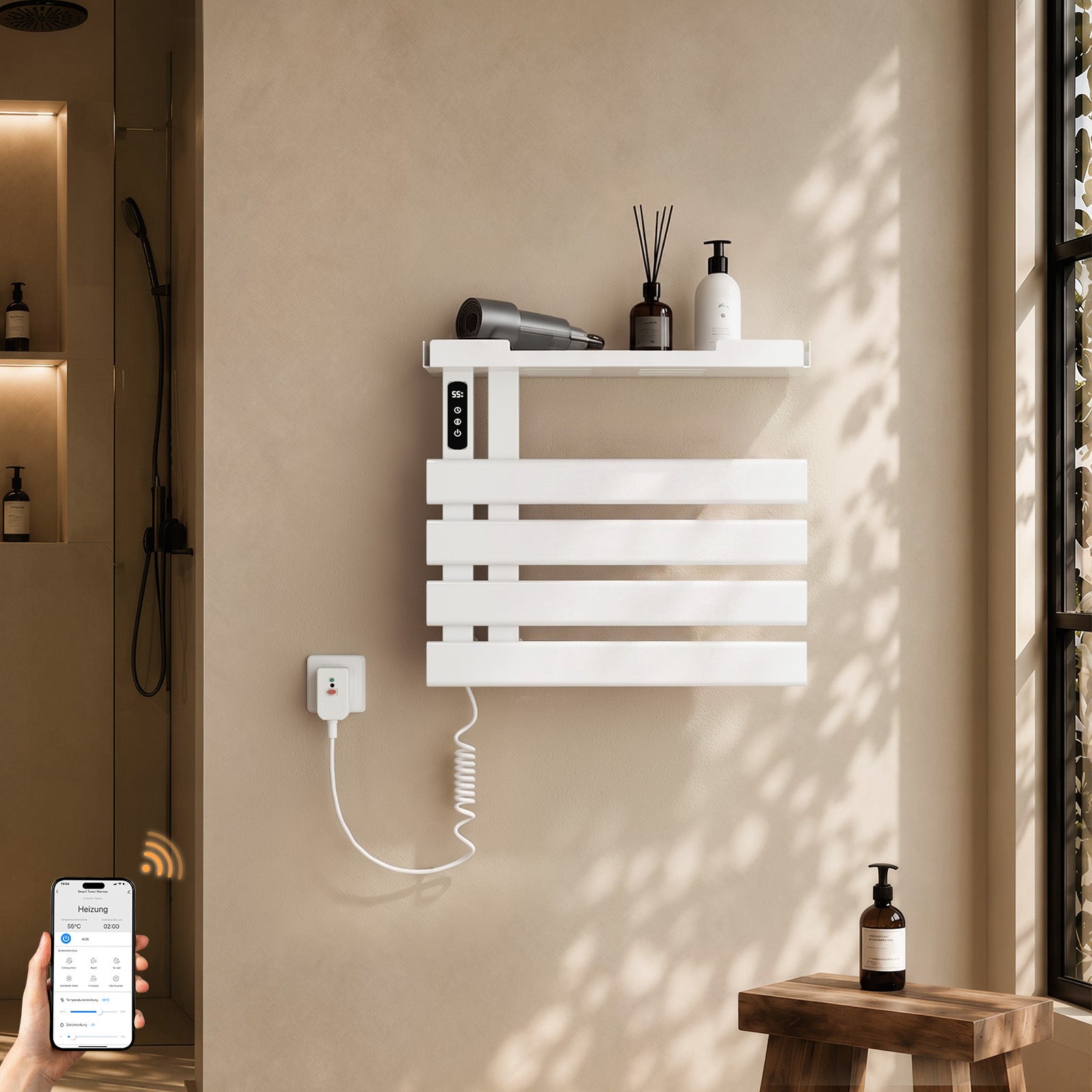 Grzejnik łazienkowy elektryczny WiFi 45 × 50 cm, 148 W, biały, sucha bezwładność, włókno węglowe, z półką - S'AFIELINA