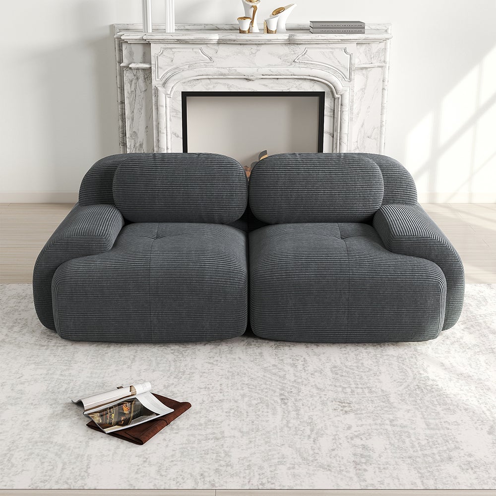 Dwuosobowa sofa z sztruksu o długości 82 cali, z zakrzywionymi podłokietnikami i antypoślizgową podstawą, szara
