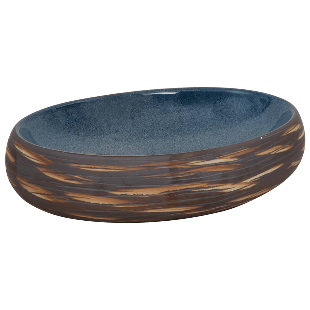 Umywalka Nablatowa Ceramiczna Owalna Brązowo-Niebieska do Łazienki 59 cm