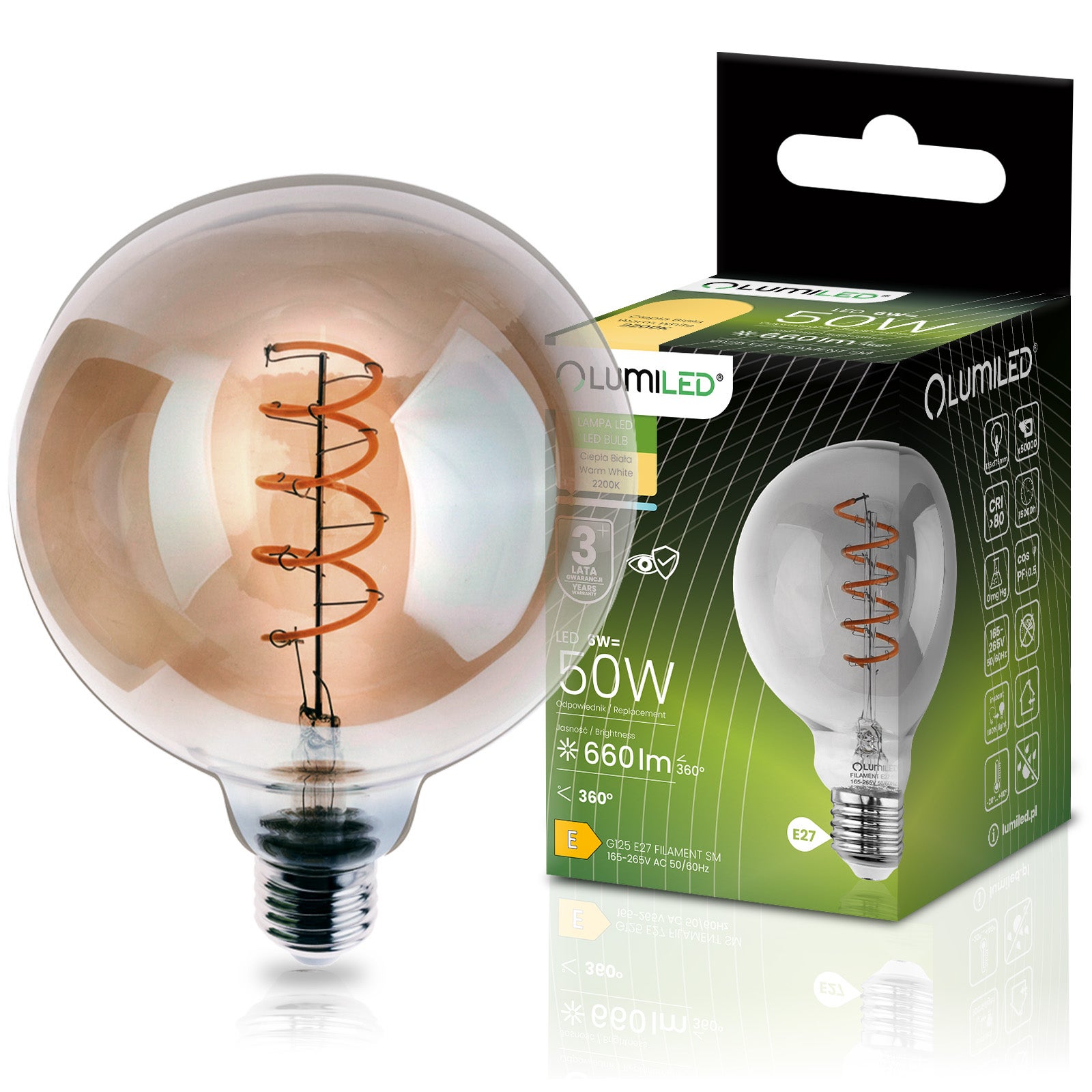 Żarówka LED Lumiled E27 Kula G125 6W 660LM 2200K Ciepła biel 360st Dymiona Filament 1 szt.